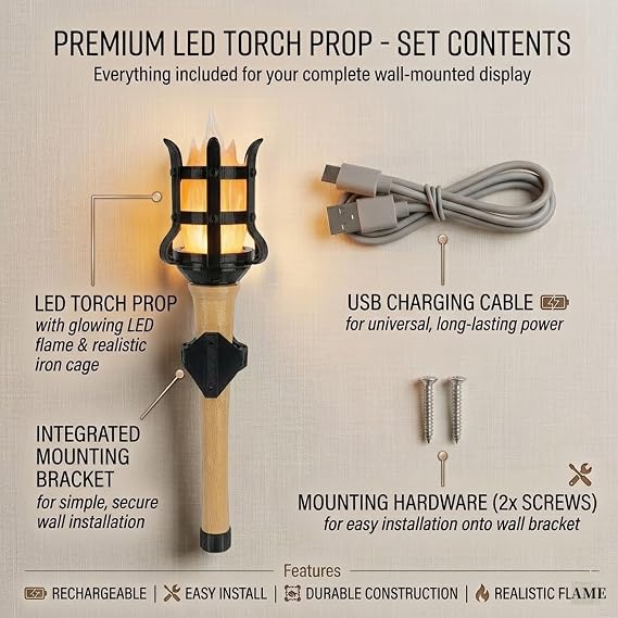 Medieval Handheld Torch Prop LED Light with Wall Mount Bracket, Realistic Flickering Flame Fake Torch,for Halloween,Cosplay,Games, Party Decor, Durable Resin Lampshade and Retro Handle