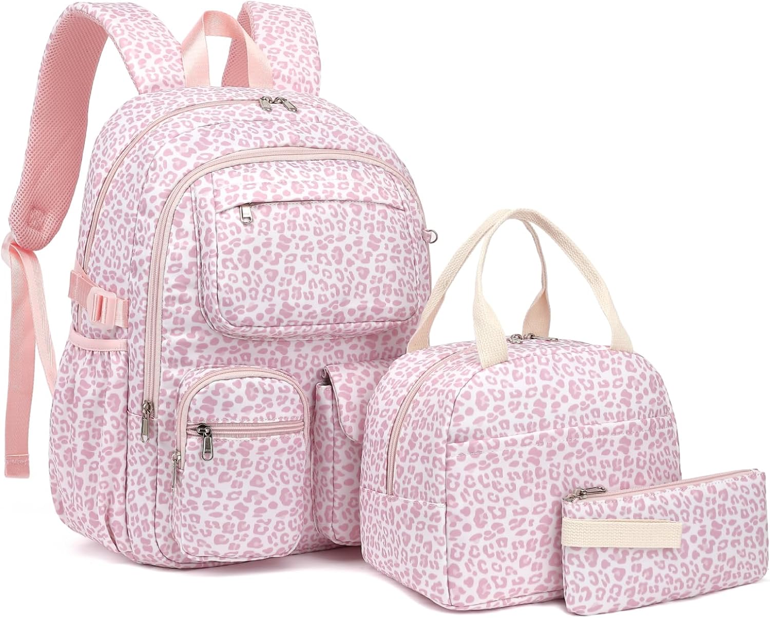 Girls Backpack Set for School Backpacks with Lunch Box Pencil Case 3 Piece Bookbags, Kids Elementary Teen Student Lightweight School Bag Set-Leopard Pink