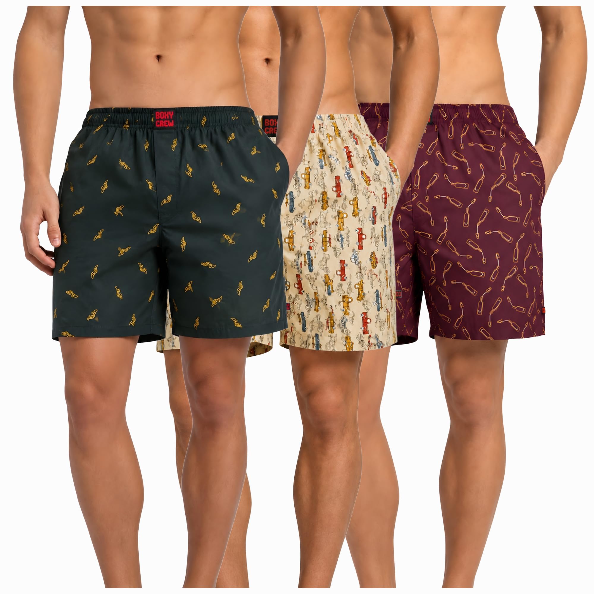 Men's 100% Cotton Boxer Shorts Pack of 3, Dark Teal, Beige & Maroon | Woven Boxers with Side Pockets, No-Marks Elastic Waistband, Breathable Relaxed Fit | Style 010-013-014-image-39