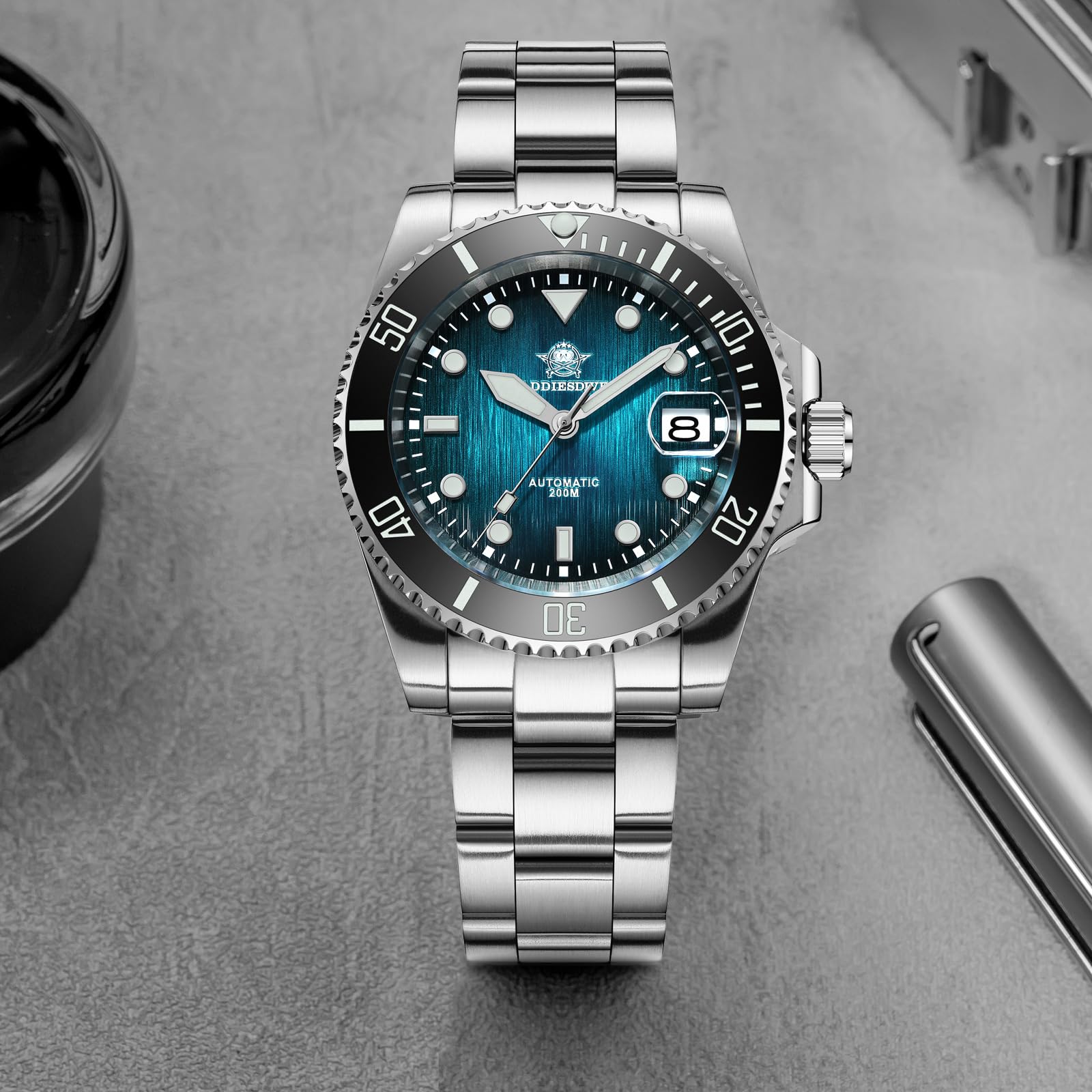 ADDIESDIVE Automatikuhr Herren BGW9 Leuchtend Saphirglas Uhrwerk 8215 mechanisch wasserdicht 200m analoge Herrenuhr Edelstahlarmband AD2536