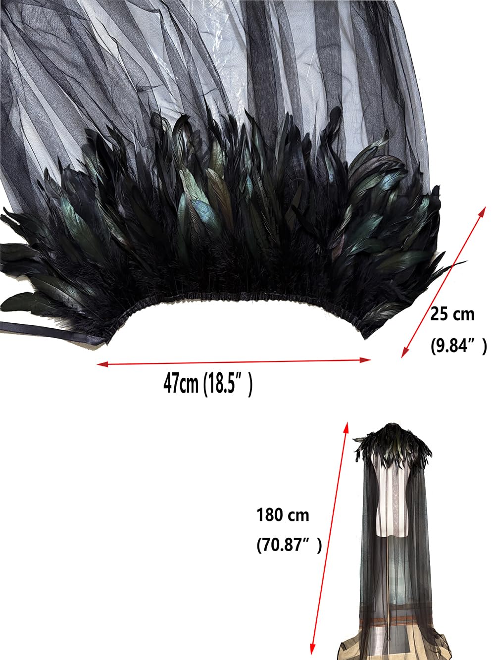 Yoodeet Gothic Feathered Cape, Black Sheer Mesh with Feather Collar, Full Length Costume Cloak (Black) - Image 4