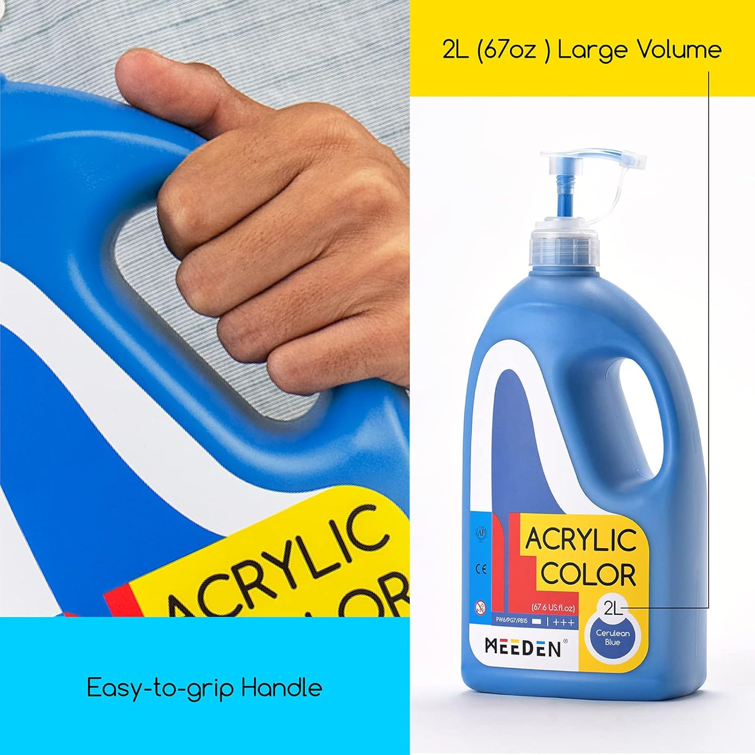 MEEDEN Cerulean Blue Acrylic Paint with Pump Lid, 1/2 Gallon (2L /67.6 oz.) Soft Body Non-Toxic Rich Pigment Color, Perfect for Art Class, Wall Painting, Painting Party & Creative DIY