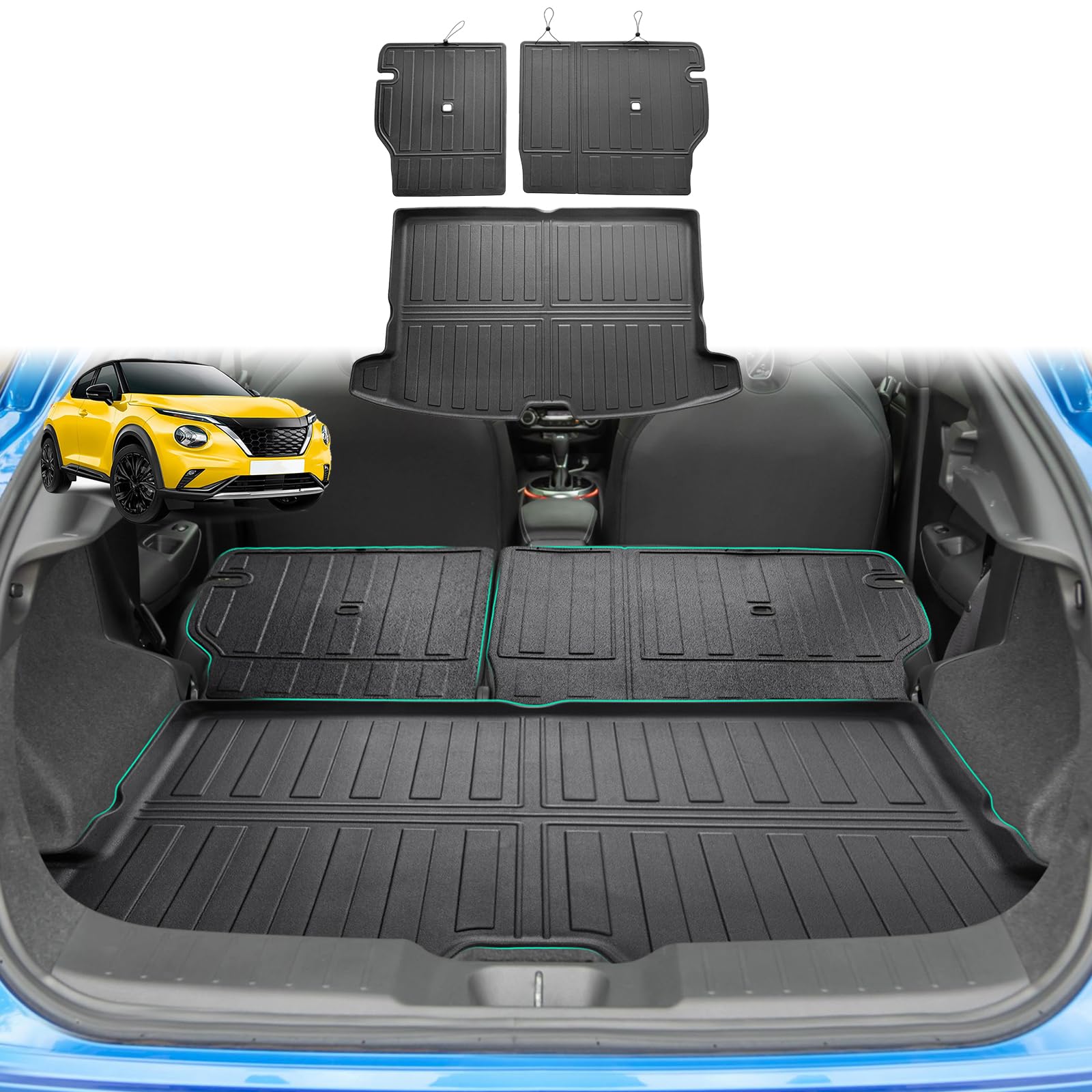 [3 sztuki] GAFAT kompatybilna z Nissan Juke F16 2020-2025 2026 (benzyna) mata do bagażnika + tylne siedzenia, mata tapicerowana, łatwa do złożenia, TPE na każdą pogodę, oryginalna mata do bagażnika 3D