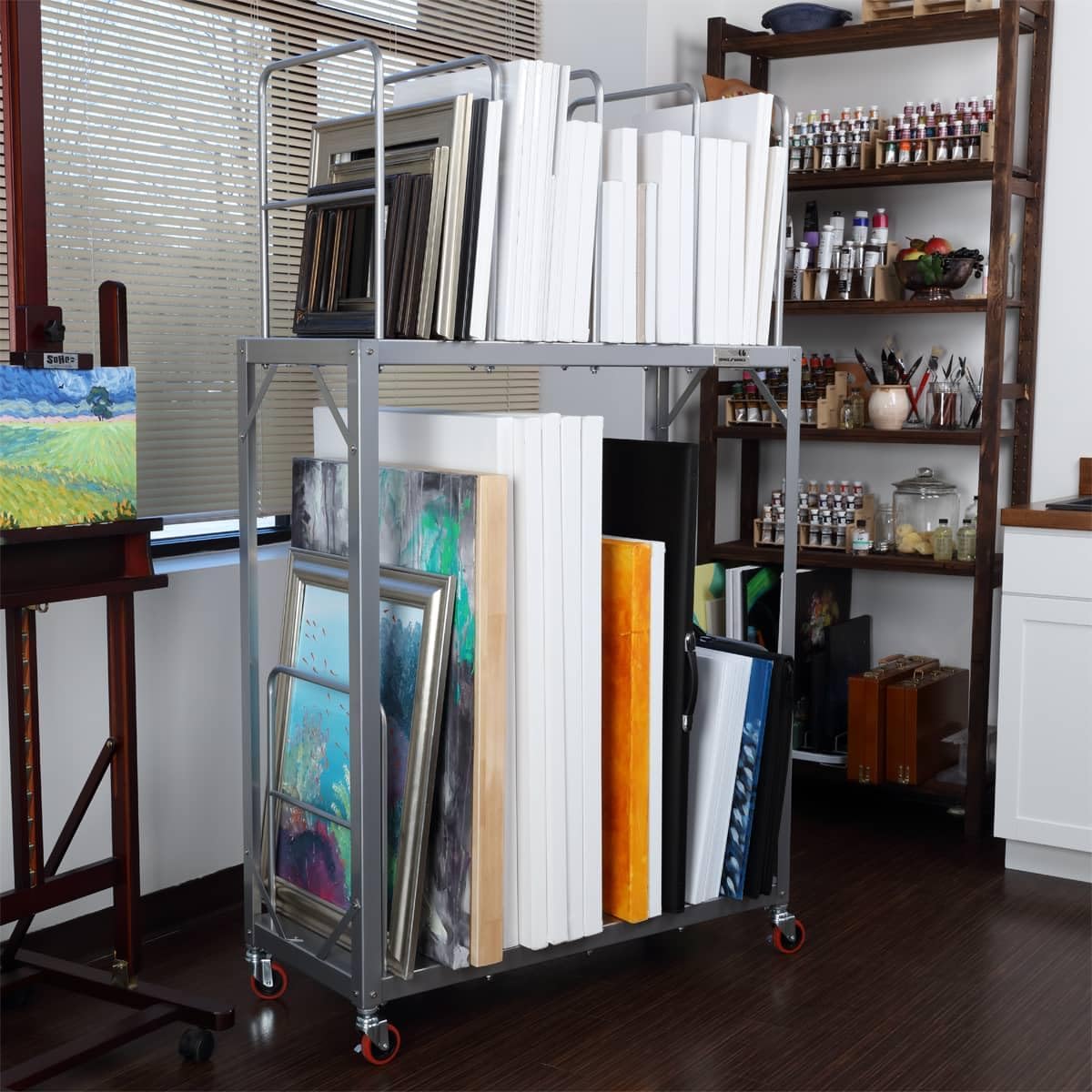 Creative Mark The Original Space Rover Canvas and Frame Rolling Cart - Heavy-Gauge Steel Utility Cart with Wheels, 10 Dividing Braces, Lockable Casters, 43" L x 18-1/4" D x 72" H