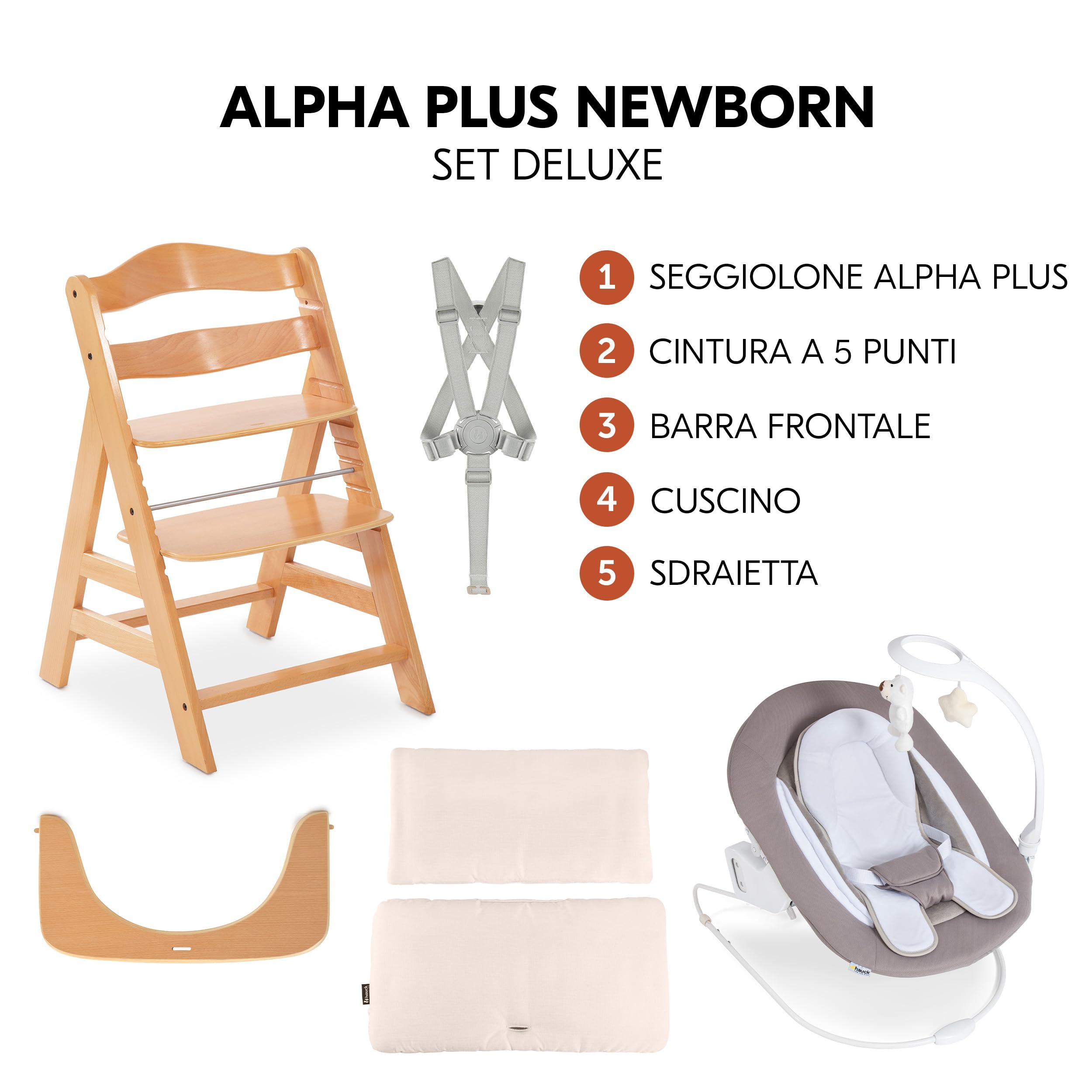 Hauck Alpha Plus Newborn Set Deluxe Seggiolone Evolutivo Legno Naturale con Sdraietta Dondolo e Cuscino