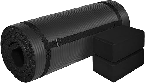 Miniatura 3 de BalanceFrom Esterilla de yoga multiusos de 1 pulgada extra gruesa de alta densidad antidesgarro con correa de transporte, bloques de yoga opcionales