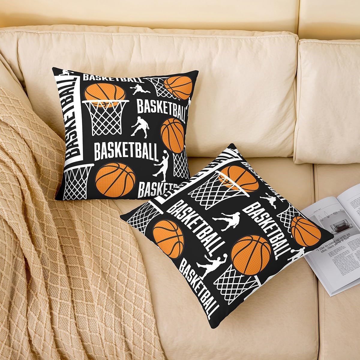 Feelyou Basketball Cushion Cover Basketball Lover for Sofa Bed Chair Car Black Throw Pillow Covers 24"x24" 1Pcs Sport Outdoor Pillows Covers