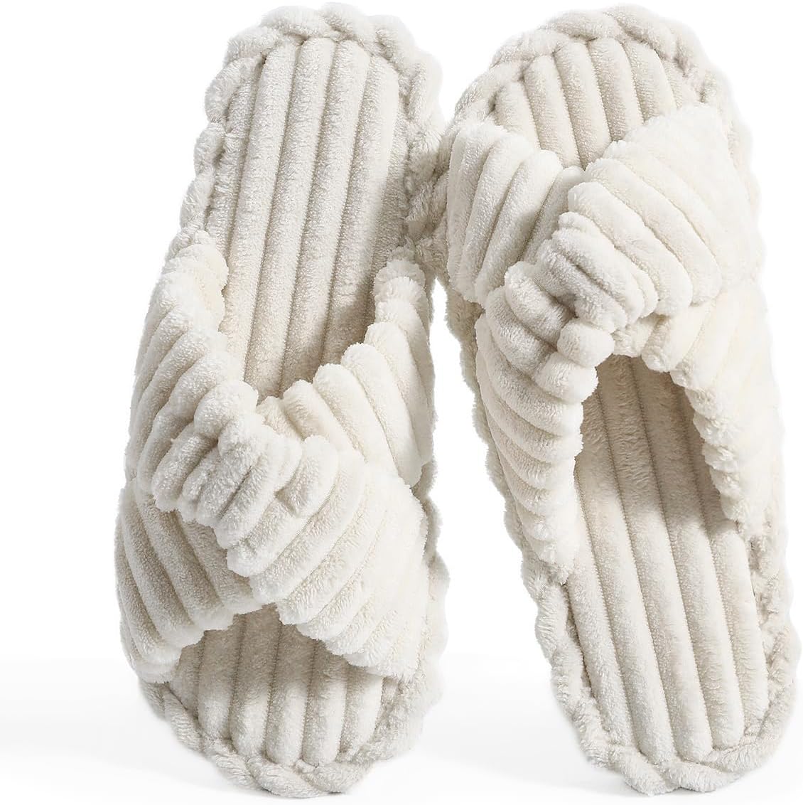 Slippers for Women House Bedroom Furry Cross Bands Slide Shoes Anti-Skid Sole Open Toe Slippers