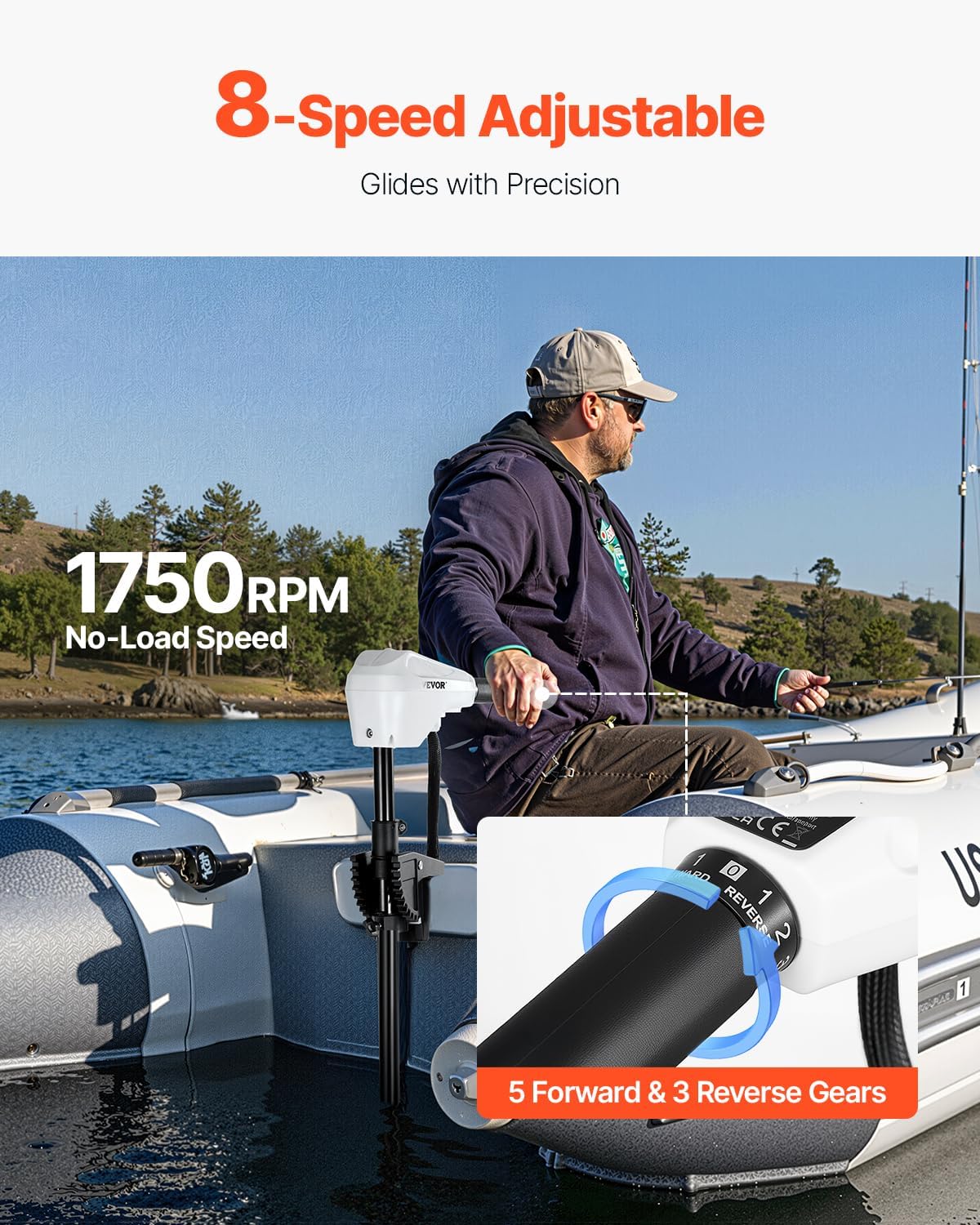 VEVOR Electric Trolling Motor, Transom Mounted Outboard Boat Motors 12V 55lbs Thrust, 8-Speed Electric Boat Engine w/Battery Indicator, for Kayaks, Fishing Boats on Freshwater/Saltwater, 30-In Shaft