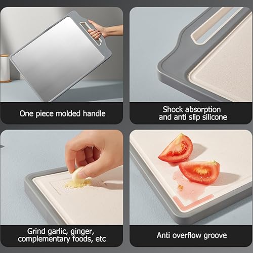 Miniatura 5 de Tablas de cortar de acero inoxidable para cocina, tabla de cortar de doble cara con mango, tabla de cortar inoxidable y tabla de cortar de paja de