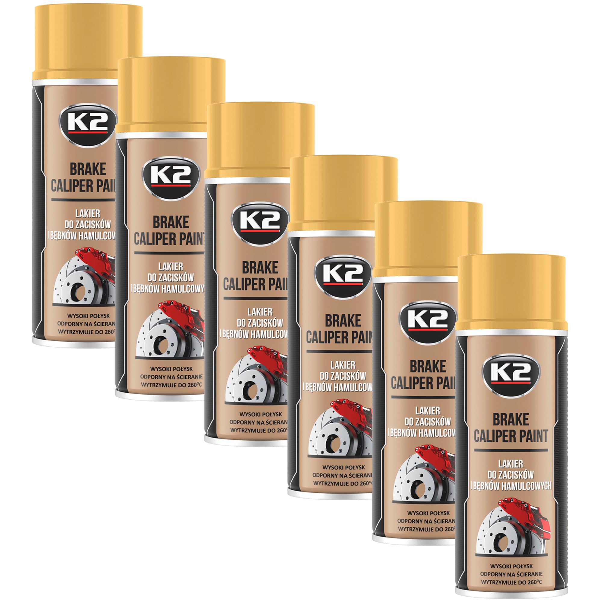K2 Pintura para Pinzas de Freno Anticalórica Pack de 6 Color Dorado Alta Resistencia a Temperaturas hasta +260°C 400 ML