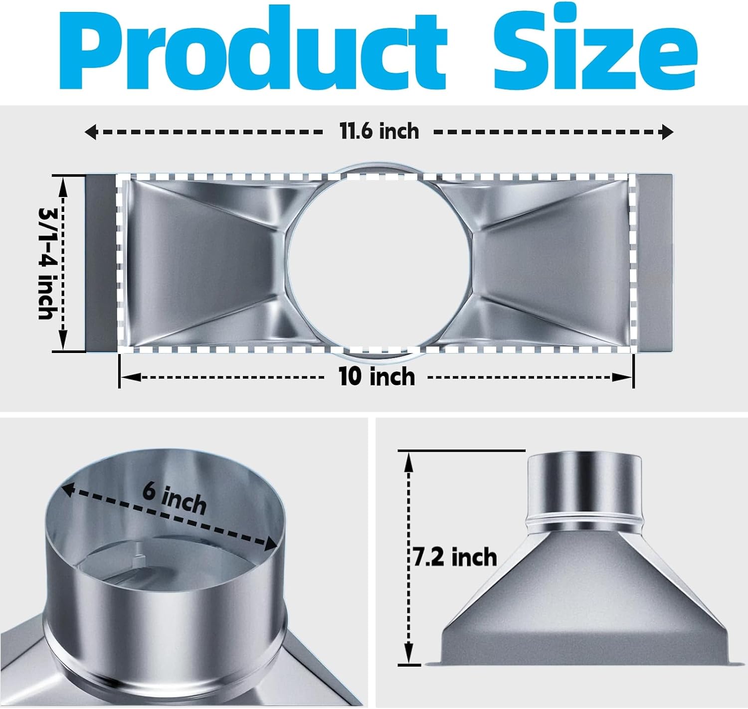 Microwave Vent Kit 6'' Dia to 3-1/4" x 10" Round to Rectangular Duct Adapter,Galvanized Steel Transition for Range Hood Exhaust Pipe, Microwave Ducting, HVAC – with Foil Tape and Adjustable Clamp