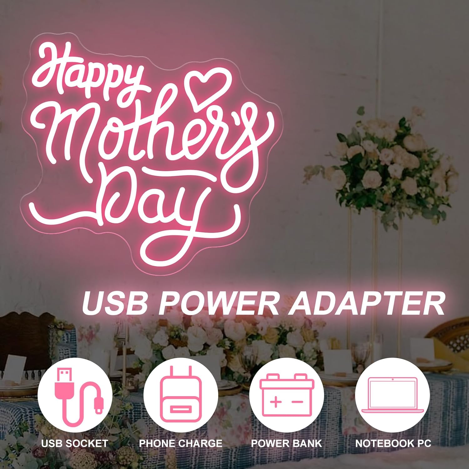 Happy Mother's Day Neon Sign - Dimmable USB LED Light, Ideal mothers day decorations, neon signs for wall decor, Home, Flower Shops & Heartfelt Gifts-Light Pink