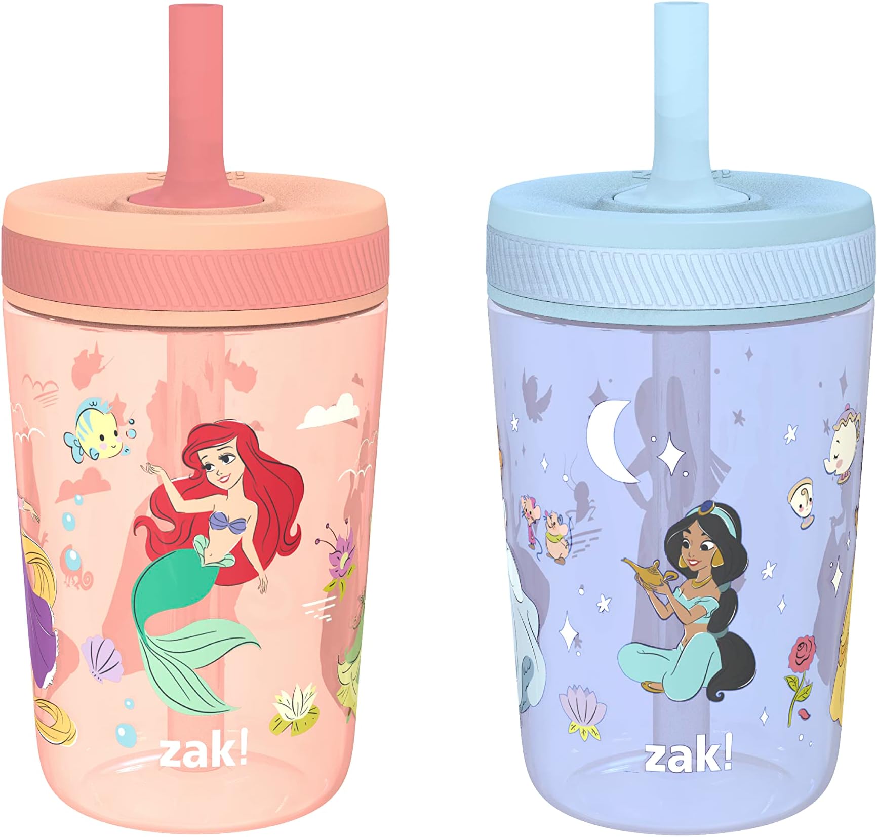 Zak Designs Disney Princess Kelso Toddler Cups For Travel or Home, 15oz 2-Pack Plastic Sippy Cups, Leak-Proof For Kids (Ariel, Aurora, Belle, Cinderella, Jasmine, Mulan, Rapunzel, Tiana)