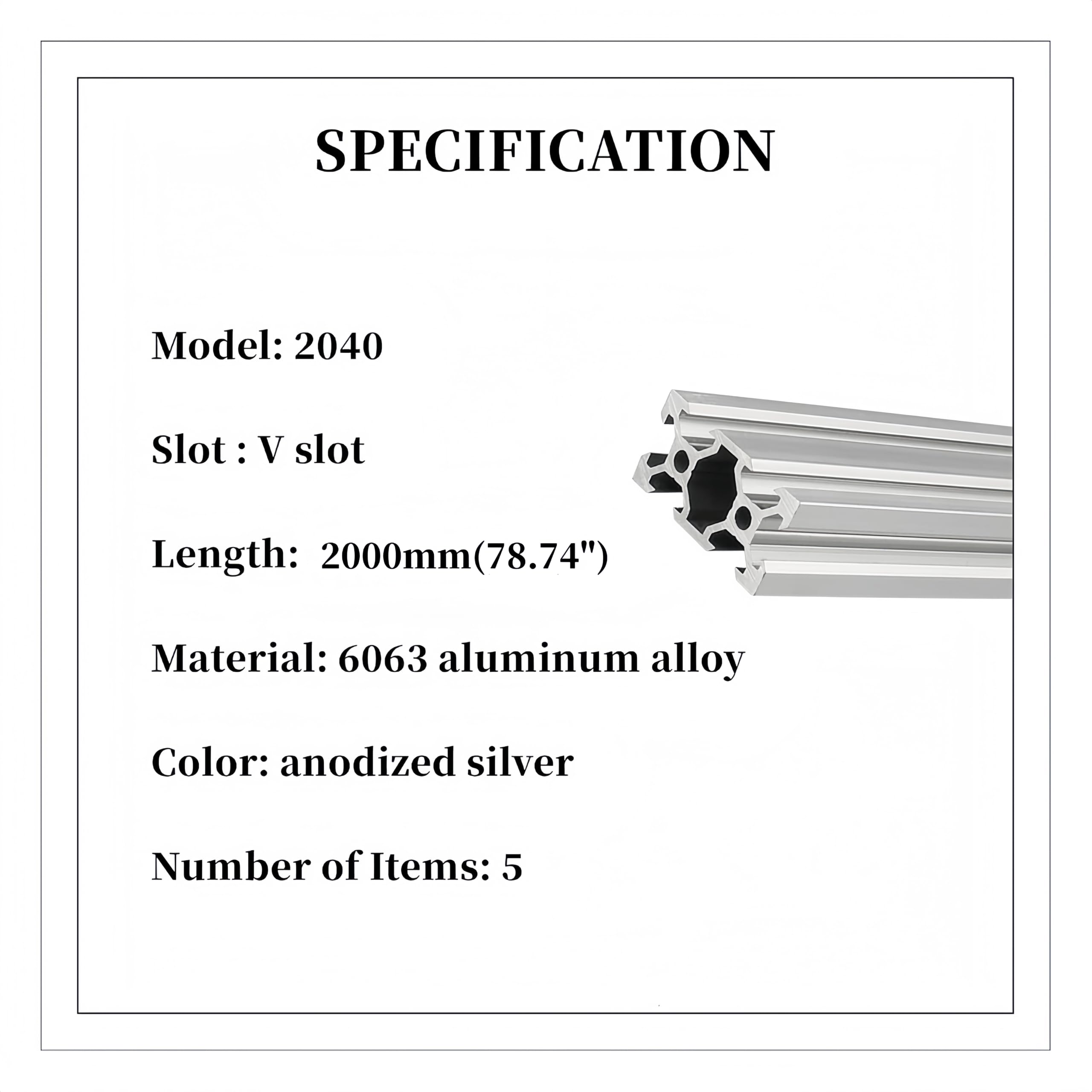 BELLA BAYS 5 Pack 78.74 inch 2000 mm 2040 V Slot Aluminum Extrusion Profile European Standard Anodized Silver Extruded Linear Rail Guide Frame for 3D Printer Laser Engraving Machine CNC Workbench DIY — Amazon image 2
