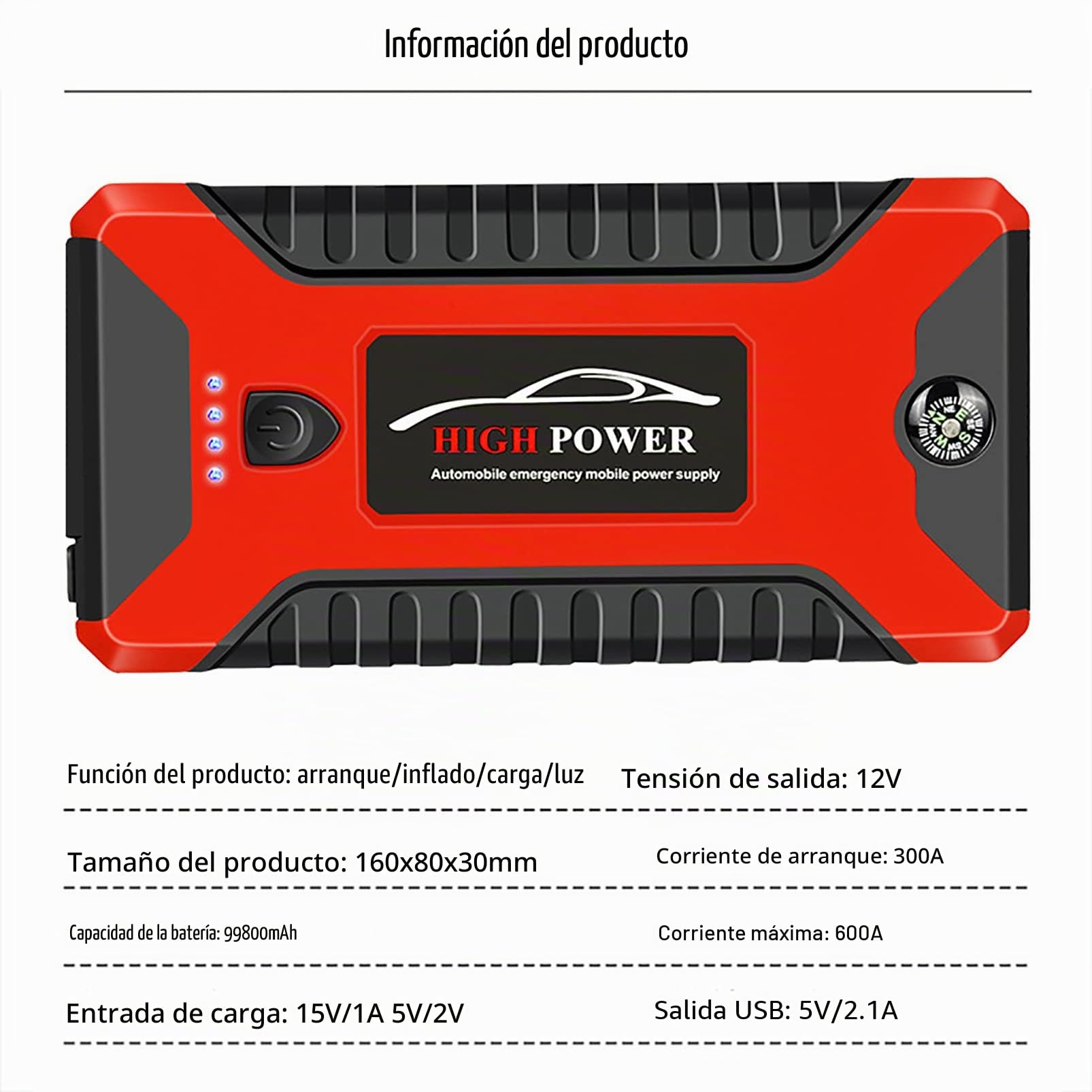 Arrancador de Batería de Coche, Portátil de Emergencia 12V Potenciador de Arranque Automático, Batería Externa, Cargador de Teléfono Móvil con Puerto USB