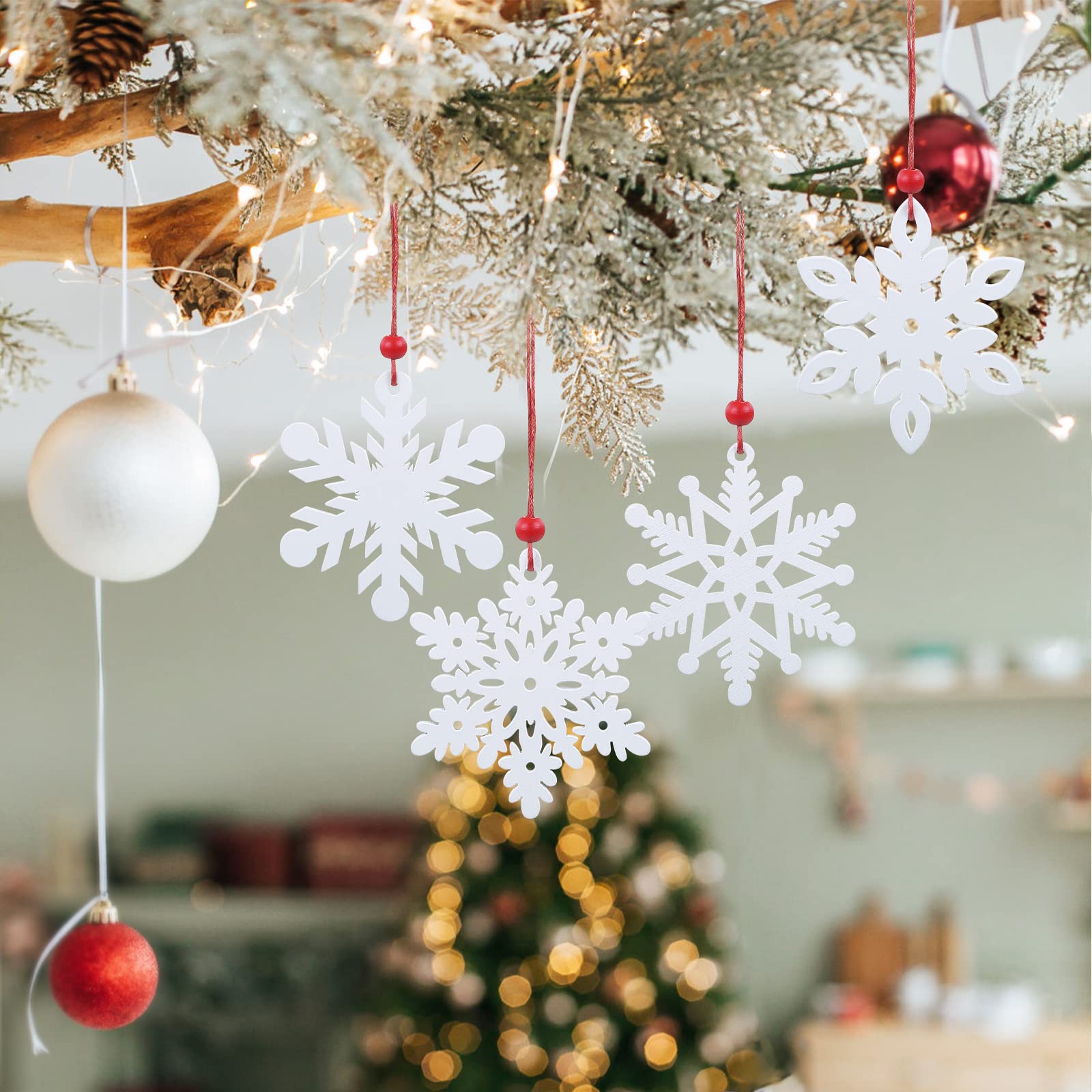 LEMESO 24 Piezas Pack de Copo de Nieve de Madera Colgantes Blanco para Navidad Árbol de Navidad Decoración