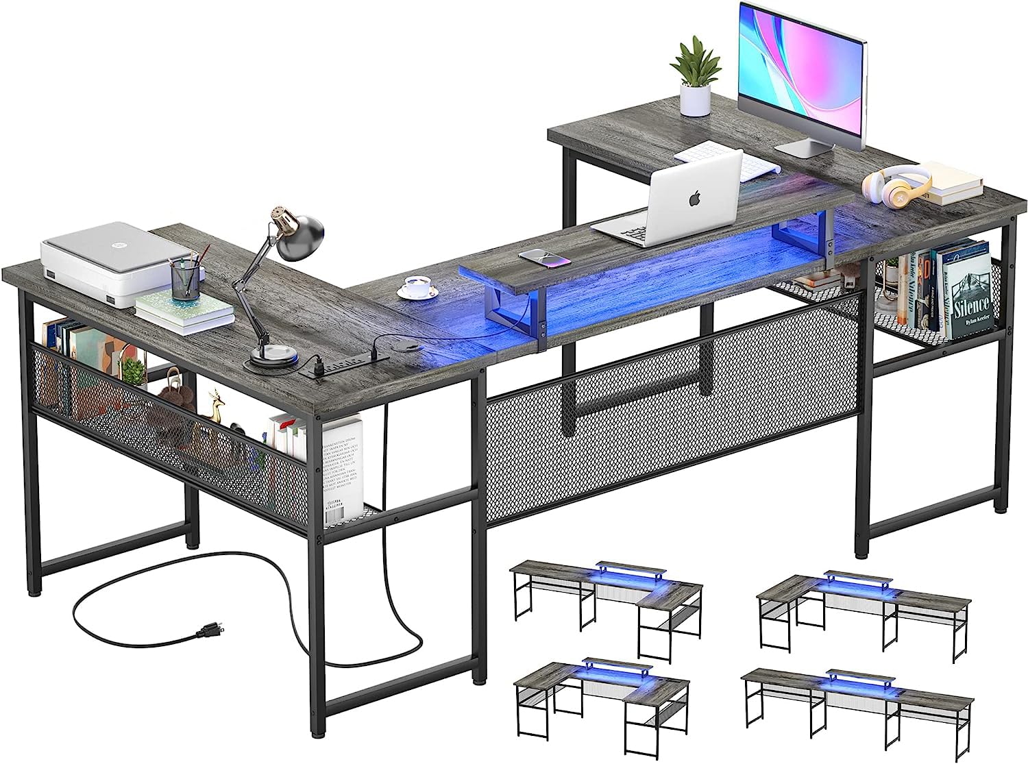 Modular Dombination Desk Shaped Desk with Power Outlet & LED Strip, Reversible L-Shaped Corner Computer Desks Gaming Desk with Storage Shelf & Monitor Stand, Modern Home Office Desk Writing Desk