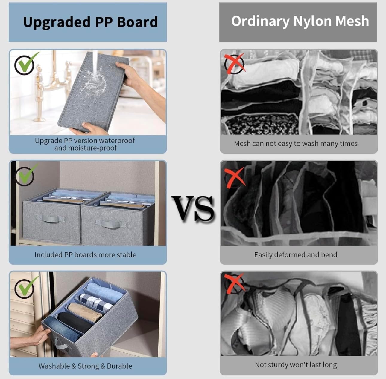 Heavy Duty Drawer Organizer Bins – Foldable & Stackable Storage Solution for Clothes, Socks, Baby, Kids, Closet, Drawer, Room & Home Organization and Storage Grey (4-Pack, 7, 8, 9,12")