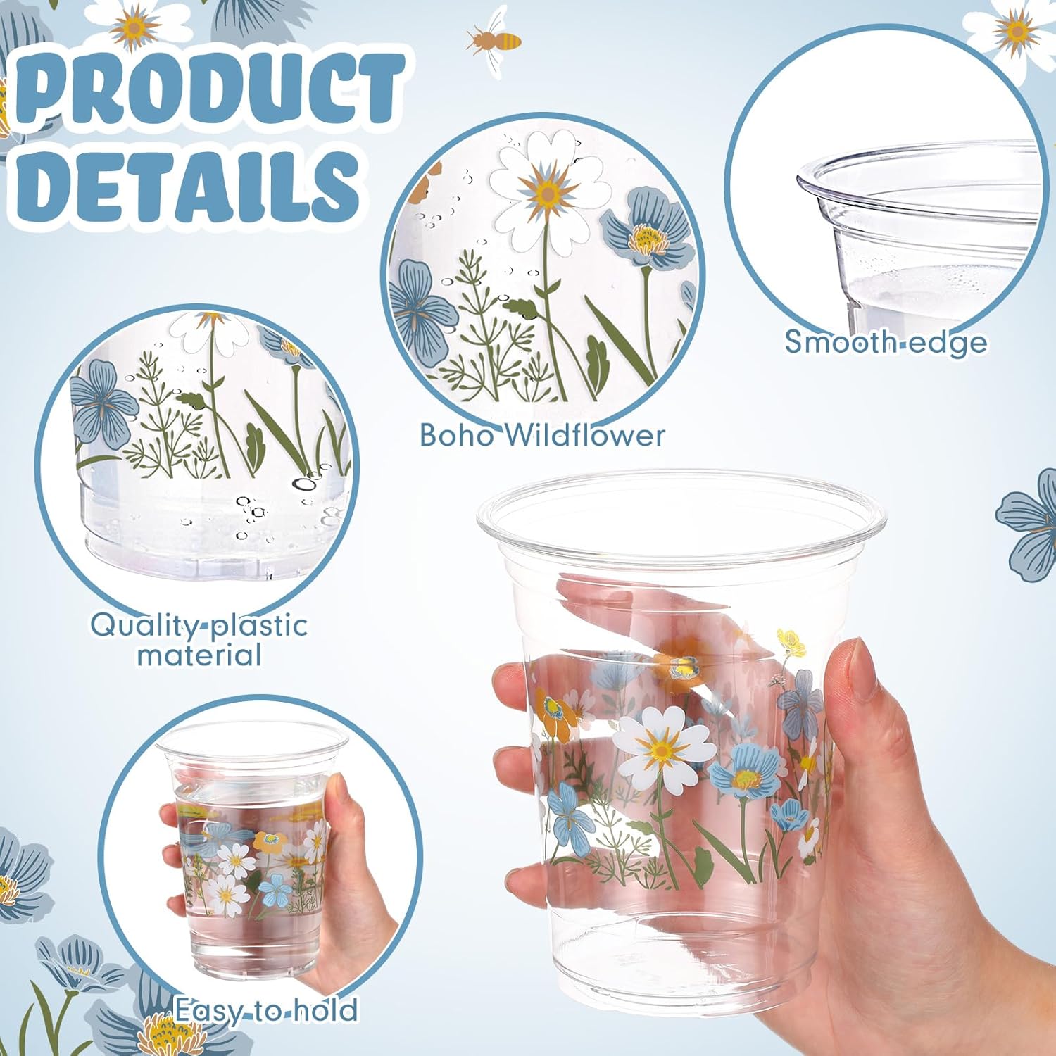 Hushee 60 Pcs Blue Floral Cups with Spring Summer Flower 16 oz Wildflowers Plastic Disposable Drinking Cups for Summer Spring Birthday Baby Shower Wedding Party Supplies