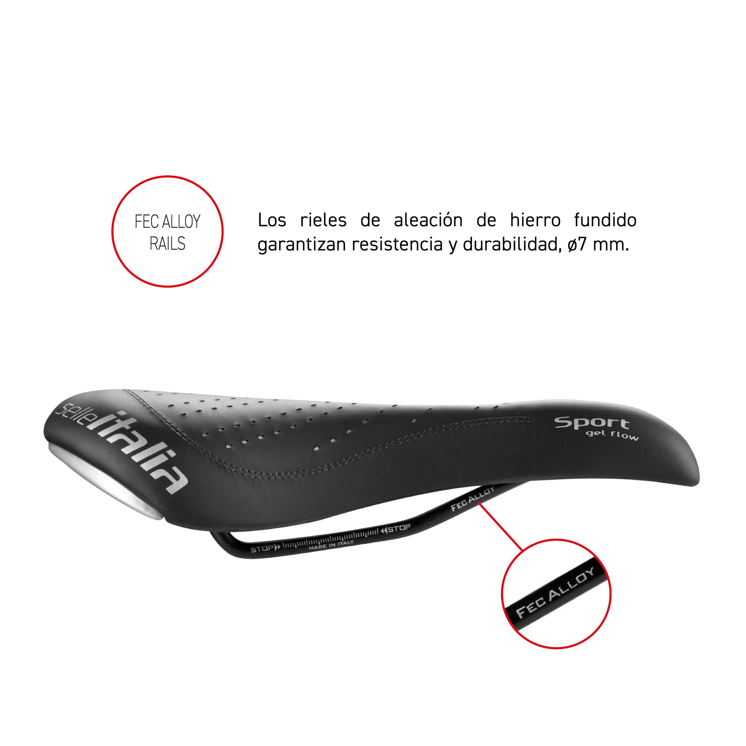Selle Italia SPORT Gel Flow - Sillín Bicicleta Ciudad y Trekking con Agujero Anatómico y Cuadro Fec Alloy - Talla S2, Negro