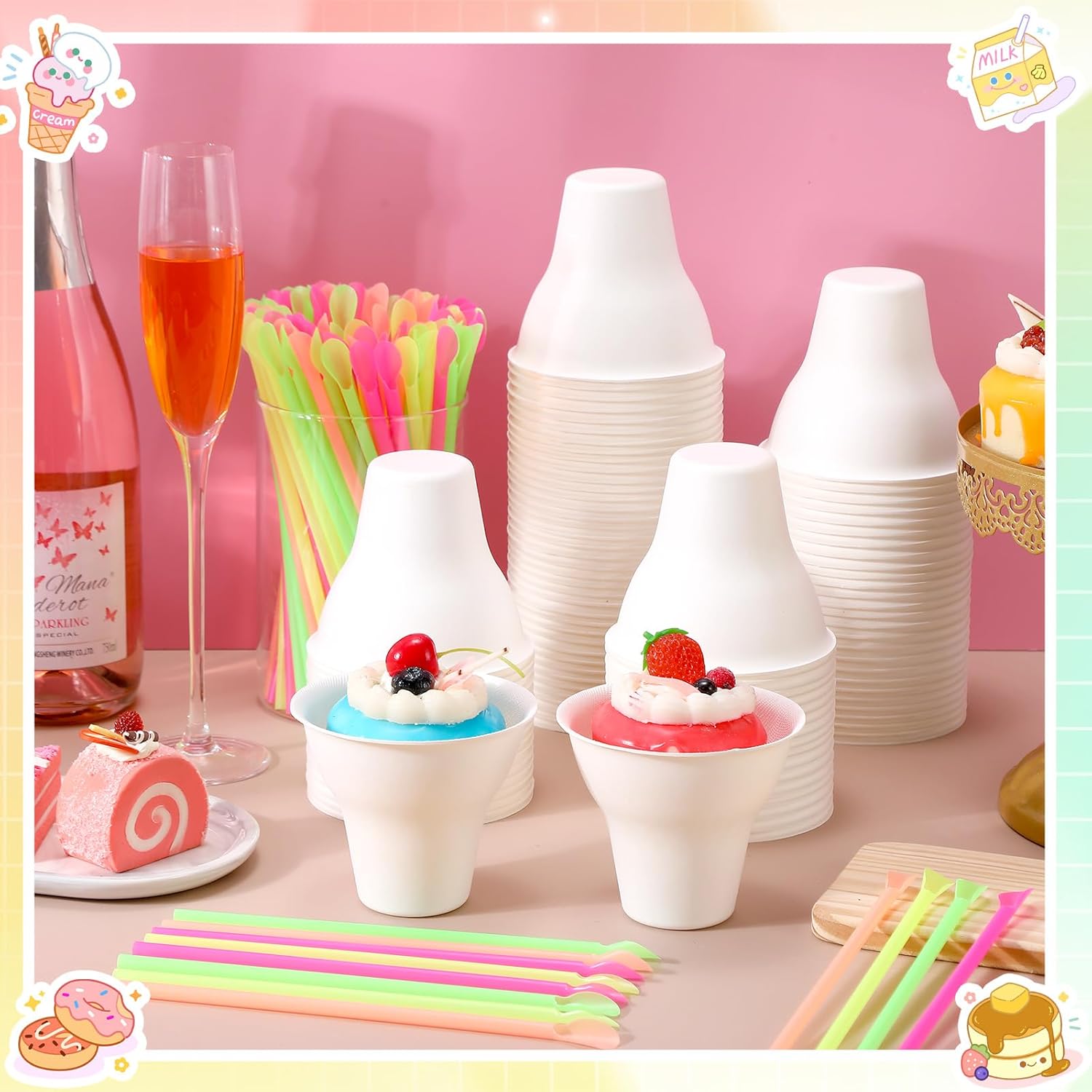 300 Set Snow Cone Cups and Straws Set 12 oz Colorful Shaved Ice Snow Straws Ice Cream Bowls Thicken Paper Cups for Wedding Birthday Party Food Holiday Summer Cookout
