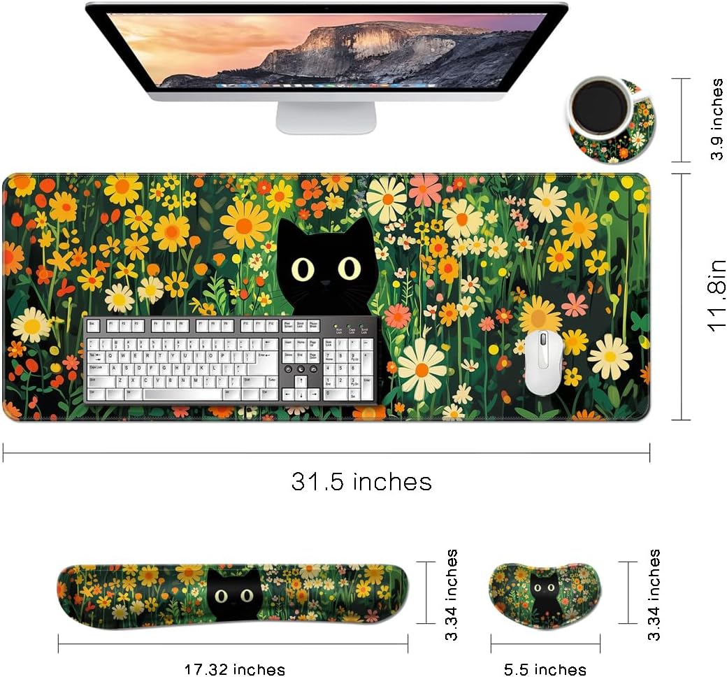 Desk Mat, Large Gaming Mouse Pad with Wrist Rest, 4 in1 XXL Mouse pad+Keyboard Wrist Rest+Mouse Pad Wrist Support+Cup Coaster Set, Ergonomic Desk Pad for Home Office,Floral Cat image 2