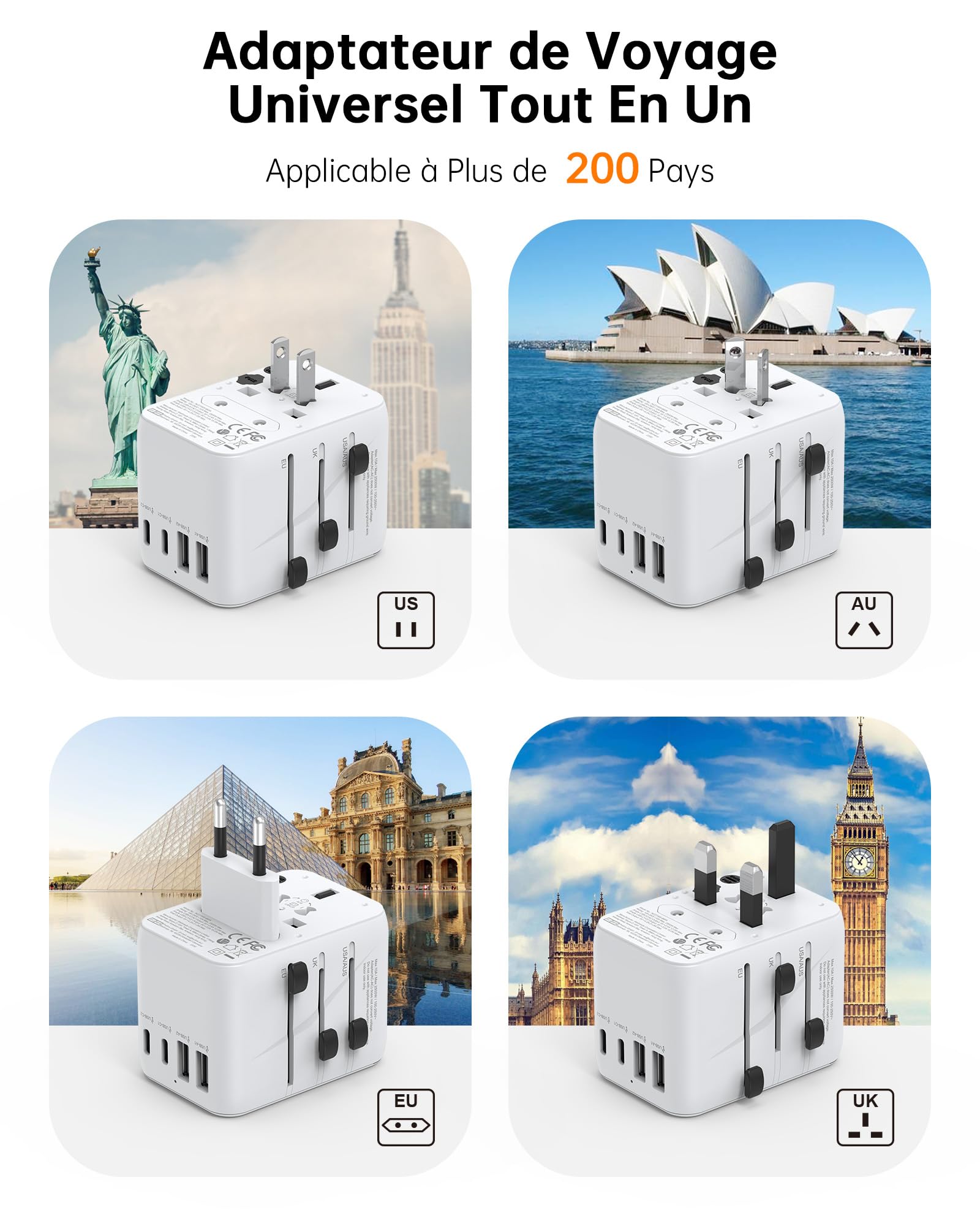 NOVOO Adaptateur de Voyage Universel Adaptateur Prise Universelle PD 21W avec 2 USB et 2 Type C Adaptateur Universel France vers USA UK Allemagne Australie Chine Japon