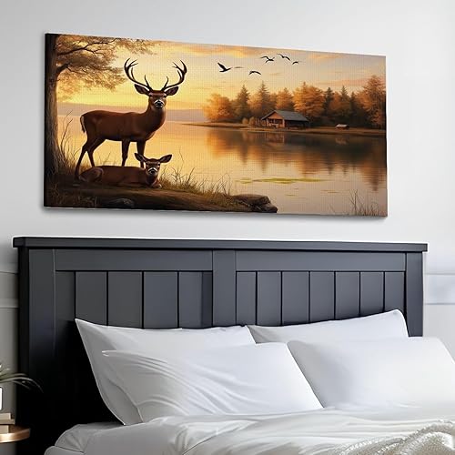 Miniatura 3 de Lienzo de 30 x 60 pulgadas, arte de pared de cazador de animales rústicos dorados, ciervos, cuernos de pie, imágenes enmarcadas para descansar y