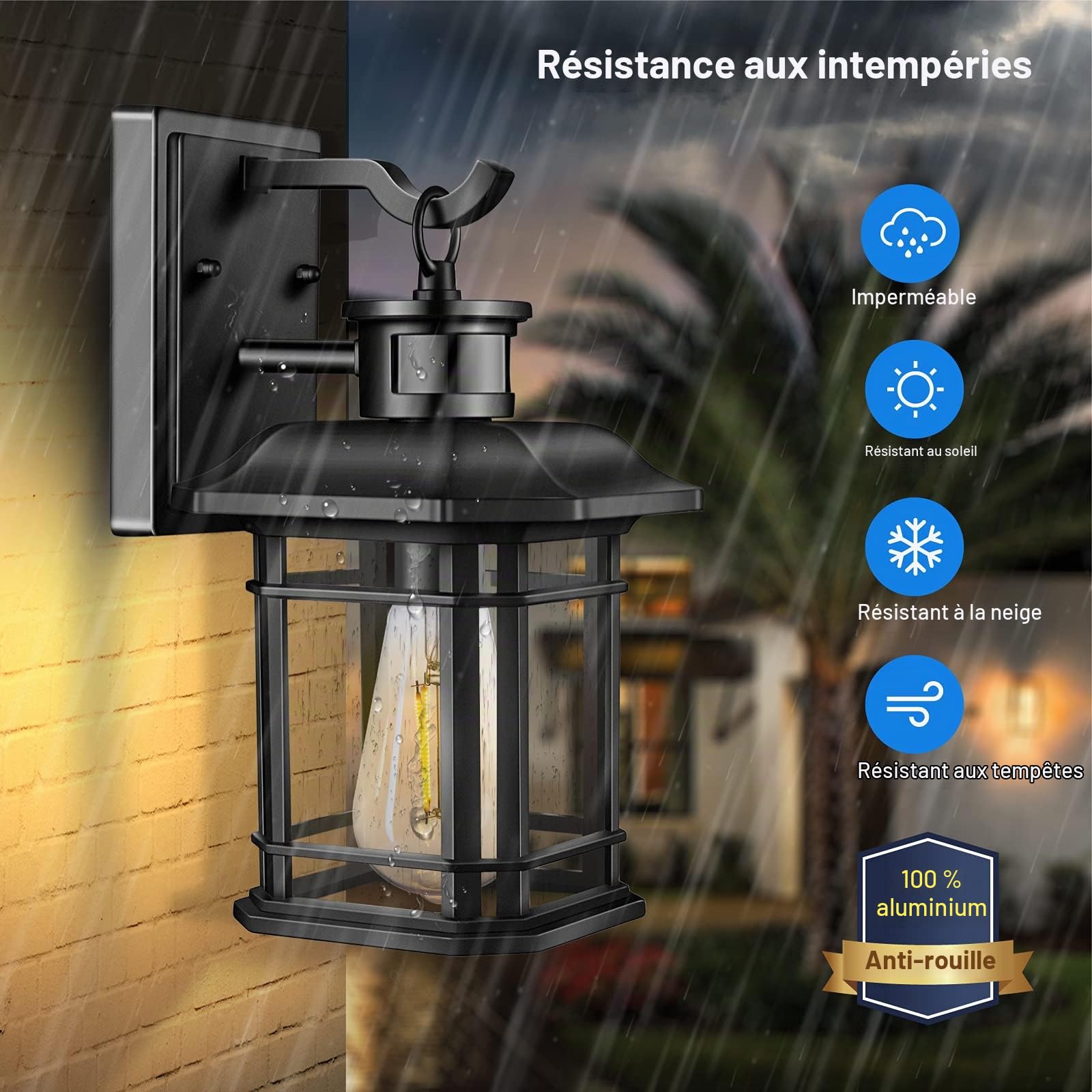 VIANIS Lampe Extérieur avec Détecteur De Mouvement, Applique Murale Exterieur 4 Modes avec Verre à Grains, Lanterne Exterieur Moderne Noir en Aluminium, Luminaire Extérieur Antirouille à Culot E27