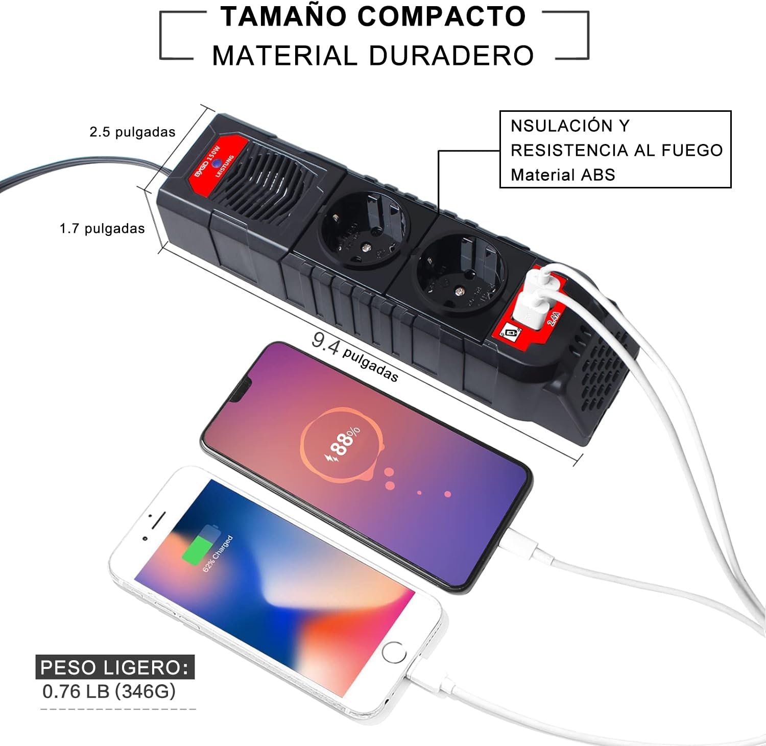 BYGD Inversor de Corriente 150W/300W, Convertidor de Voltaje de Coche,Transformador 12V a 230V con 2 Salidas USB, 2 AC Tomas Y Encendedor, Adaptador de Toma de mechero para Barco, Caravana,Coche