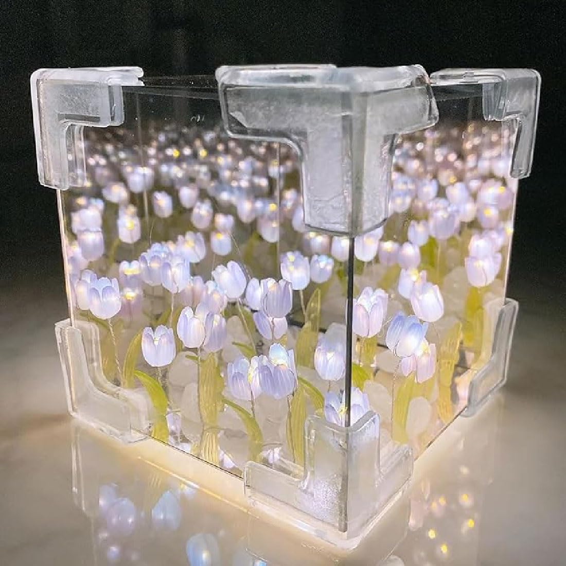 DIY Tulip Cube Mirror LED Lamp - 2-in-1 Decorative Night Light For Bedroom & Desktop