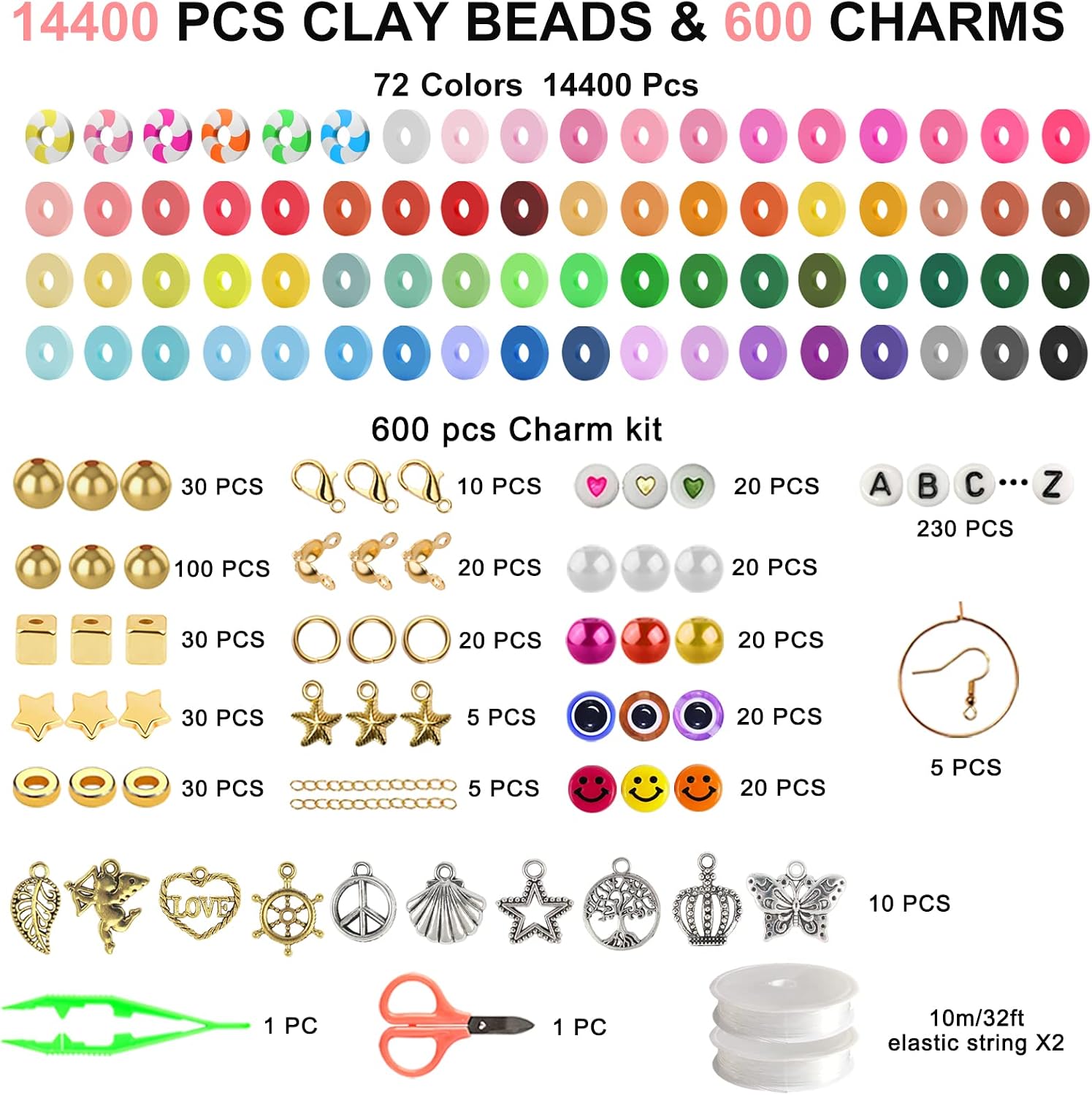 Redtwo 15000 pcs Clay Beads Bracelet Making Kit, 3 Boxes 72 Colors Friendship Bracelet Kit Flat Polymer Heishi Beads for Jewelry Making with Letter Beads and Charms, Crafts Gift for Girls Ages 6-12