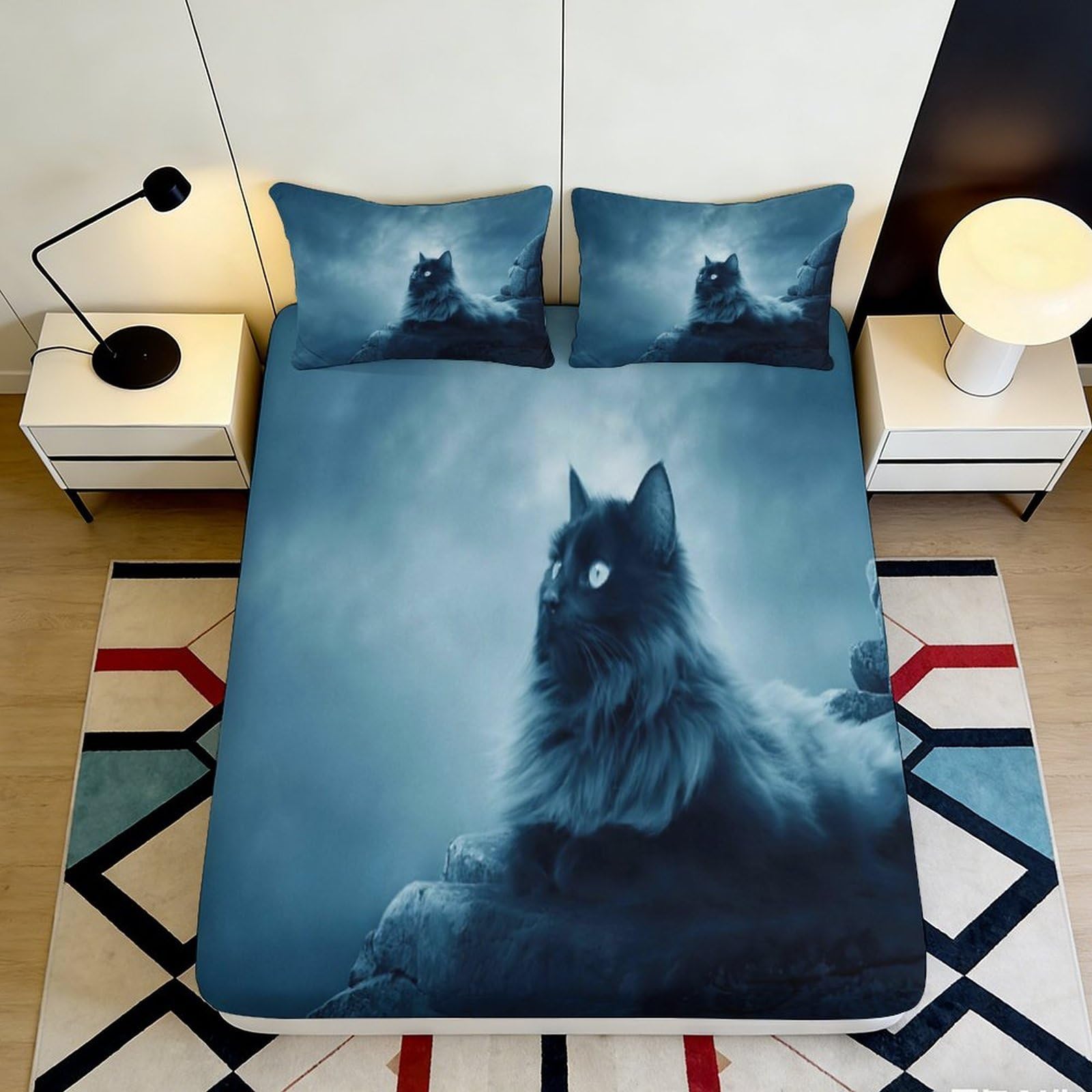 3D Printed Black Cat Fitted Sheet Microfiber Soft Durable Moonlight Bed Cover for Bedroom Dormitory Guest Room Mattress Protection Decor 120x200x25cm