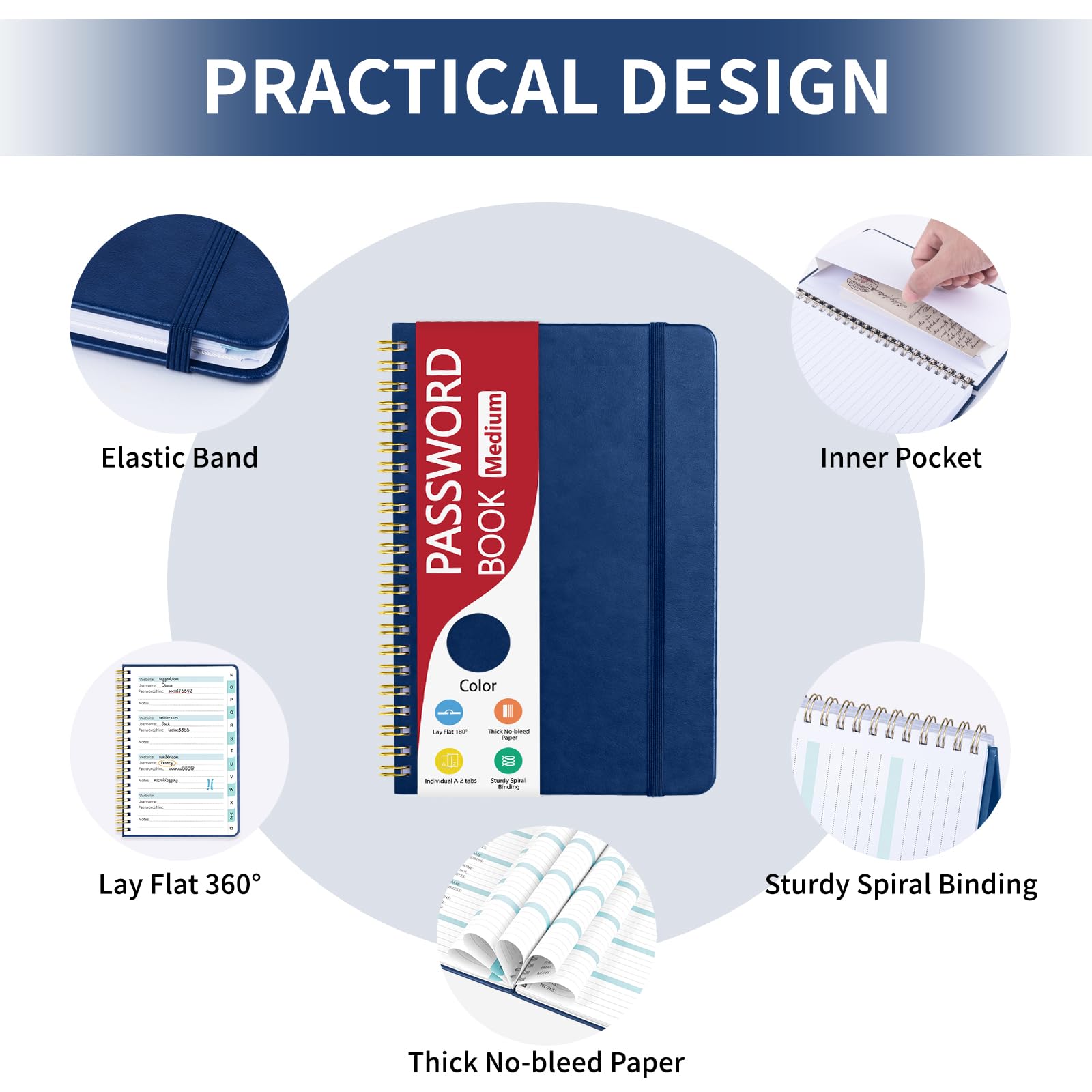 Homlive Cuaderno de contraseñas en espiral con pestañas alfabéticas individuales, libro de contraseñas de tapa dura para personas mayores, cuaderno de contraseñas para el hogar u oficina y inicio de