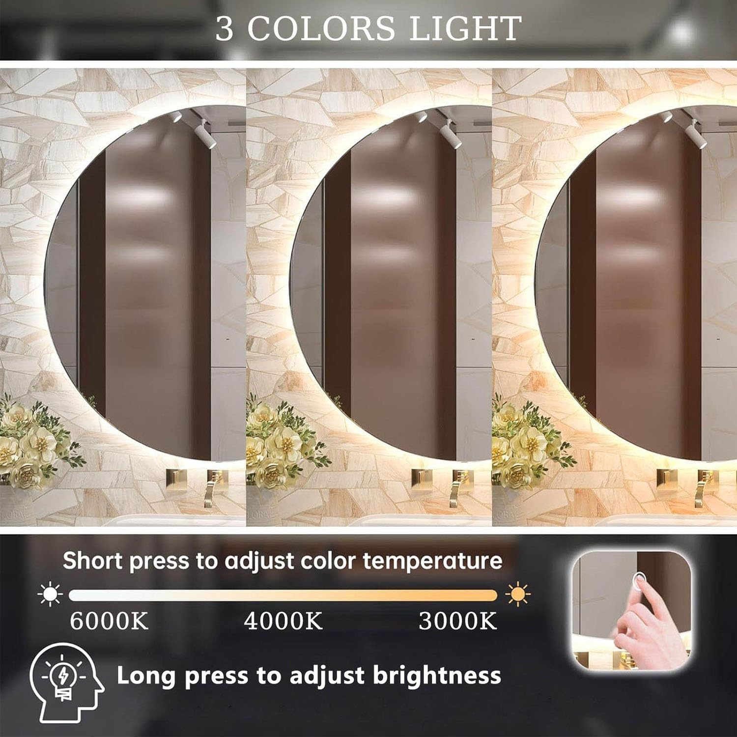 3-kolorowe ściemniane lusterko do makijażu LED bezramowe przeciwmgielne lustro łazienkowe ze sterowaniem dotykowym 130 cm półokrągłe - idealne do pielęgnacji urody i pielęgnacji skóry