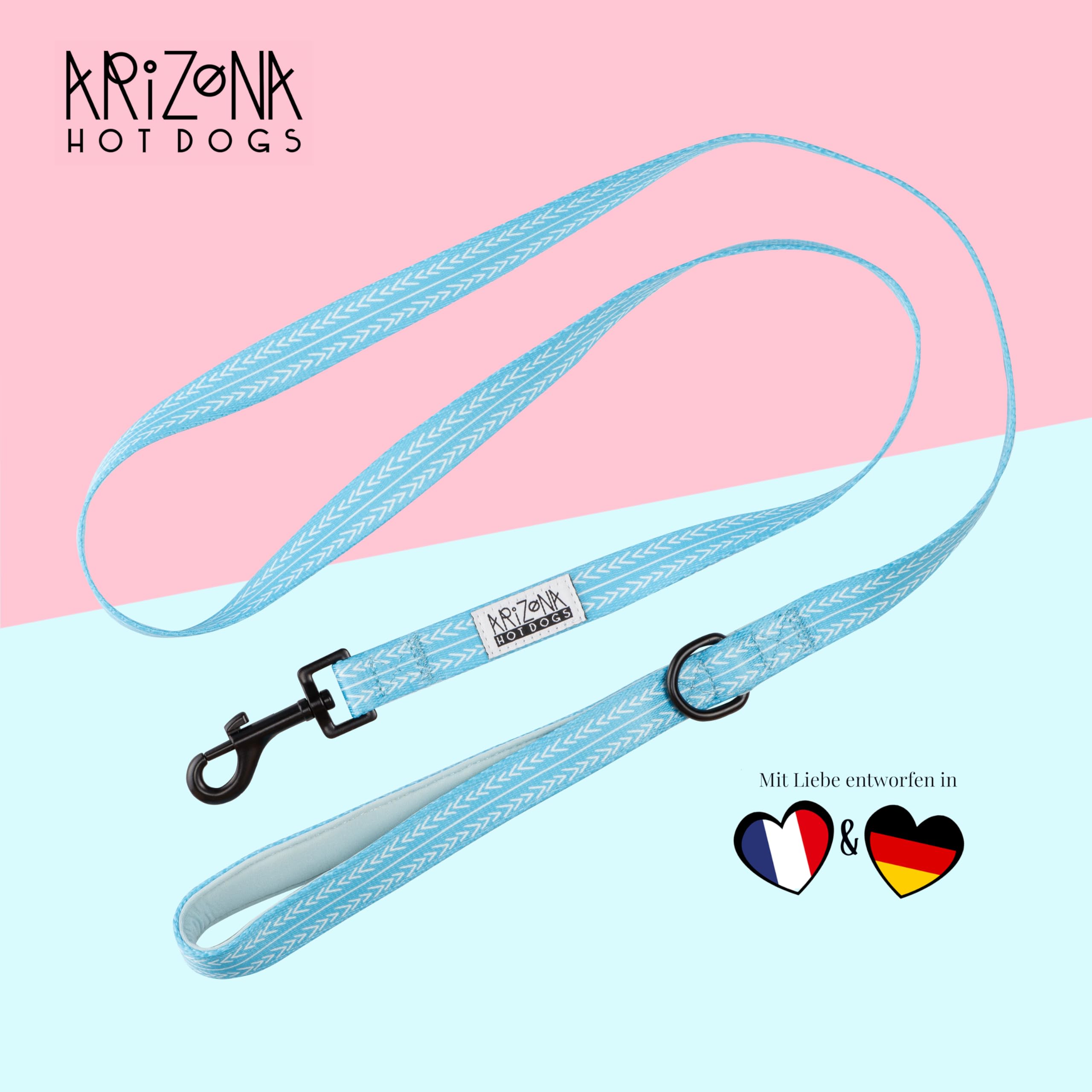 Arnés para perros con correa de 1,5 m para perros pequeños | Arizona Hotdogs Soft Arnés neopreno | Bubble Gum azul con patrón de flechas (S)