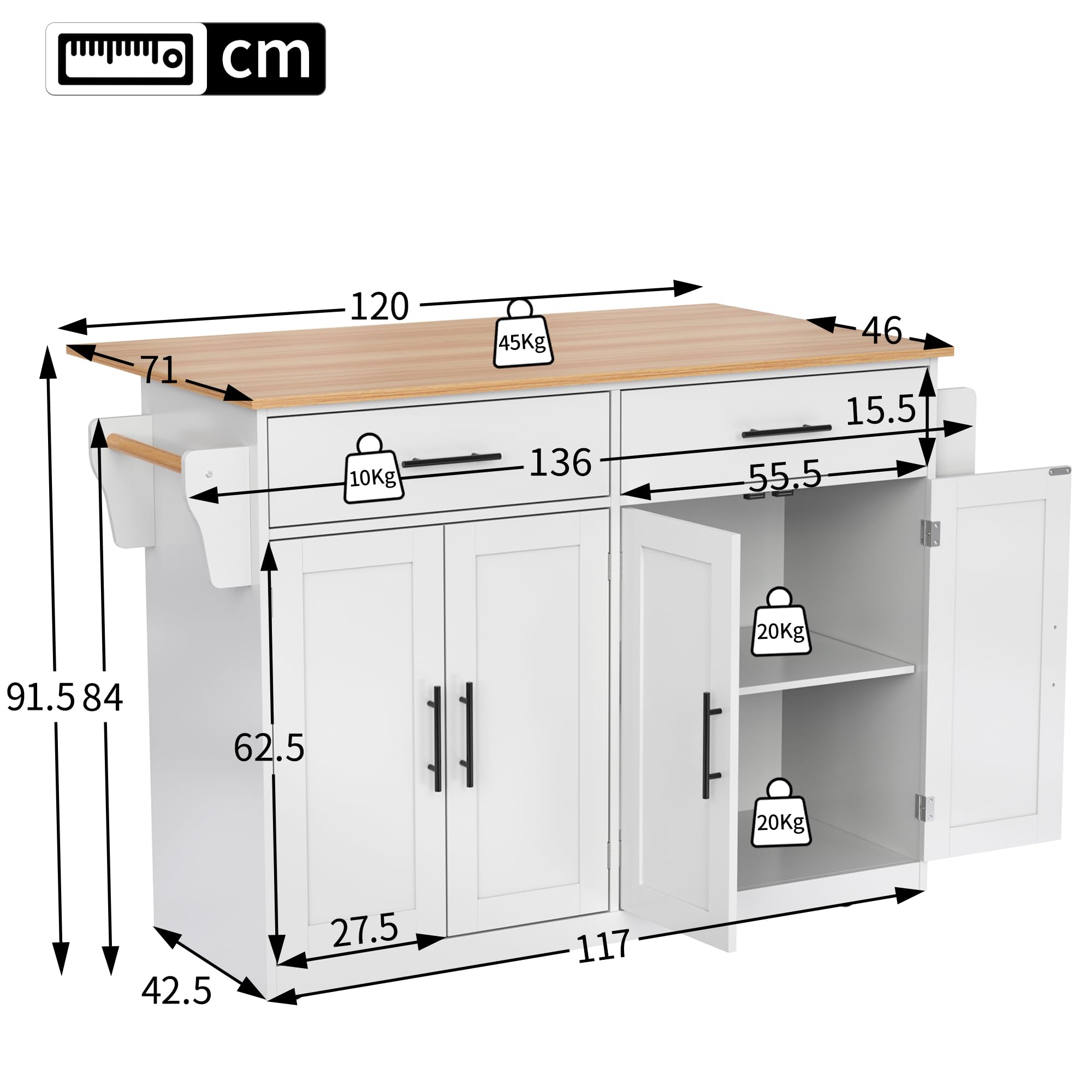Serveerwagen met inklapbaar tafelblad, 120 x 46 (70) x 91 cm, wit