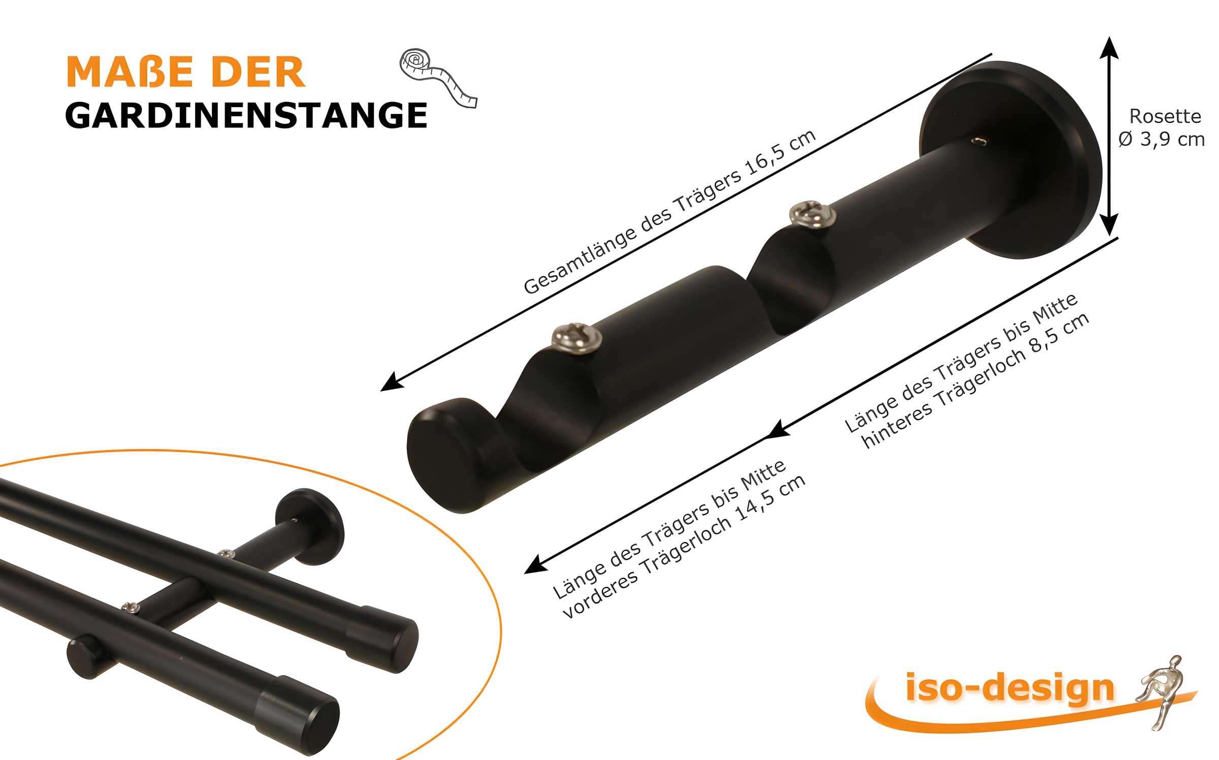 iso-design Gardinenstange schwarz 2-läufig 20 mm, Komplettset aus Metall, Vorhangstange zur Wandmontage, Gardinenstangenrohr aus Aluminium, Endstück Kappe, 240 cm (2 x 120 cm)