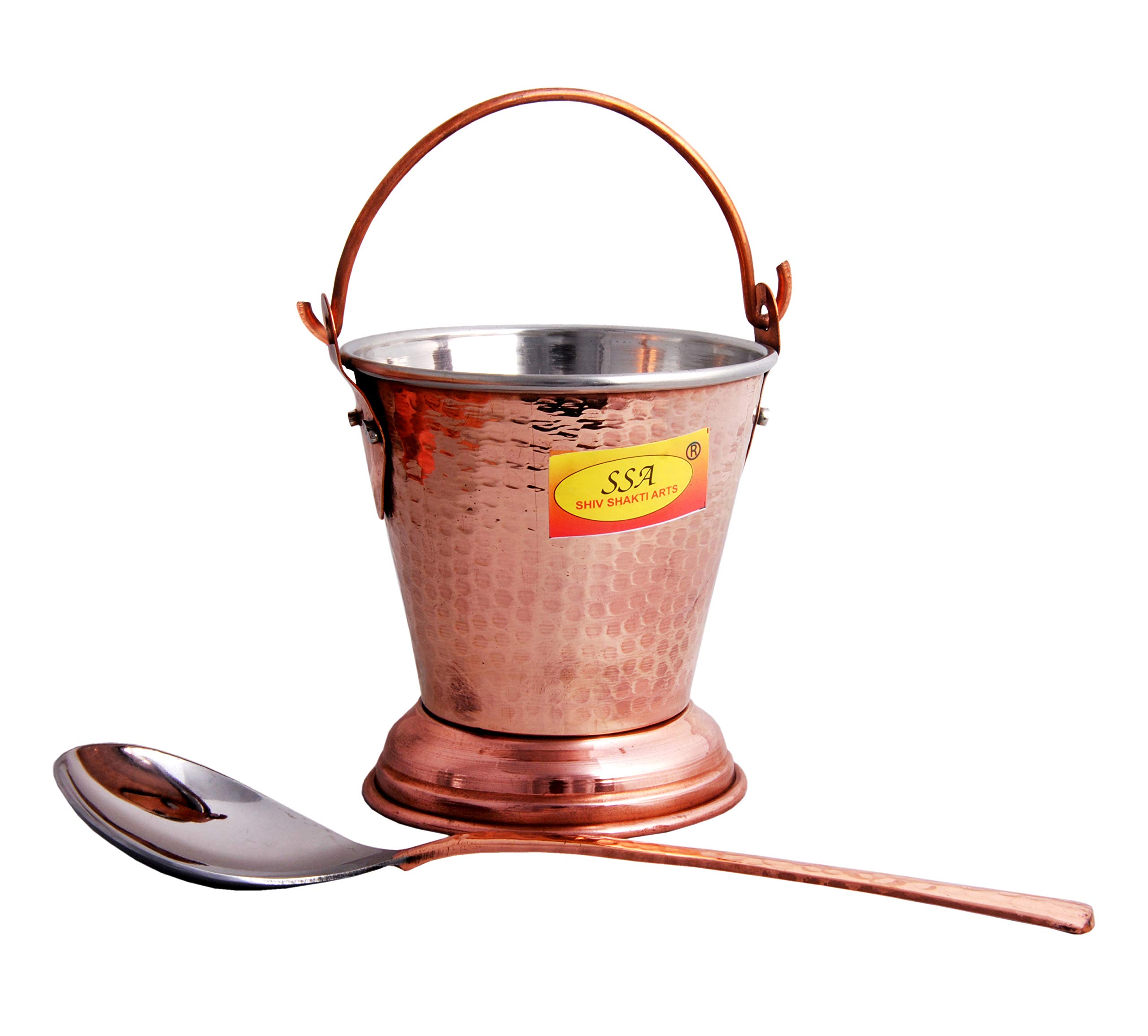 Shiv Shakti Arts® Steel Copper Bucket Balti with Spoon, Used in Serving Food (Dishes), Home, Hotel - Tableware - (300 ML, Hammer Design)