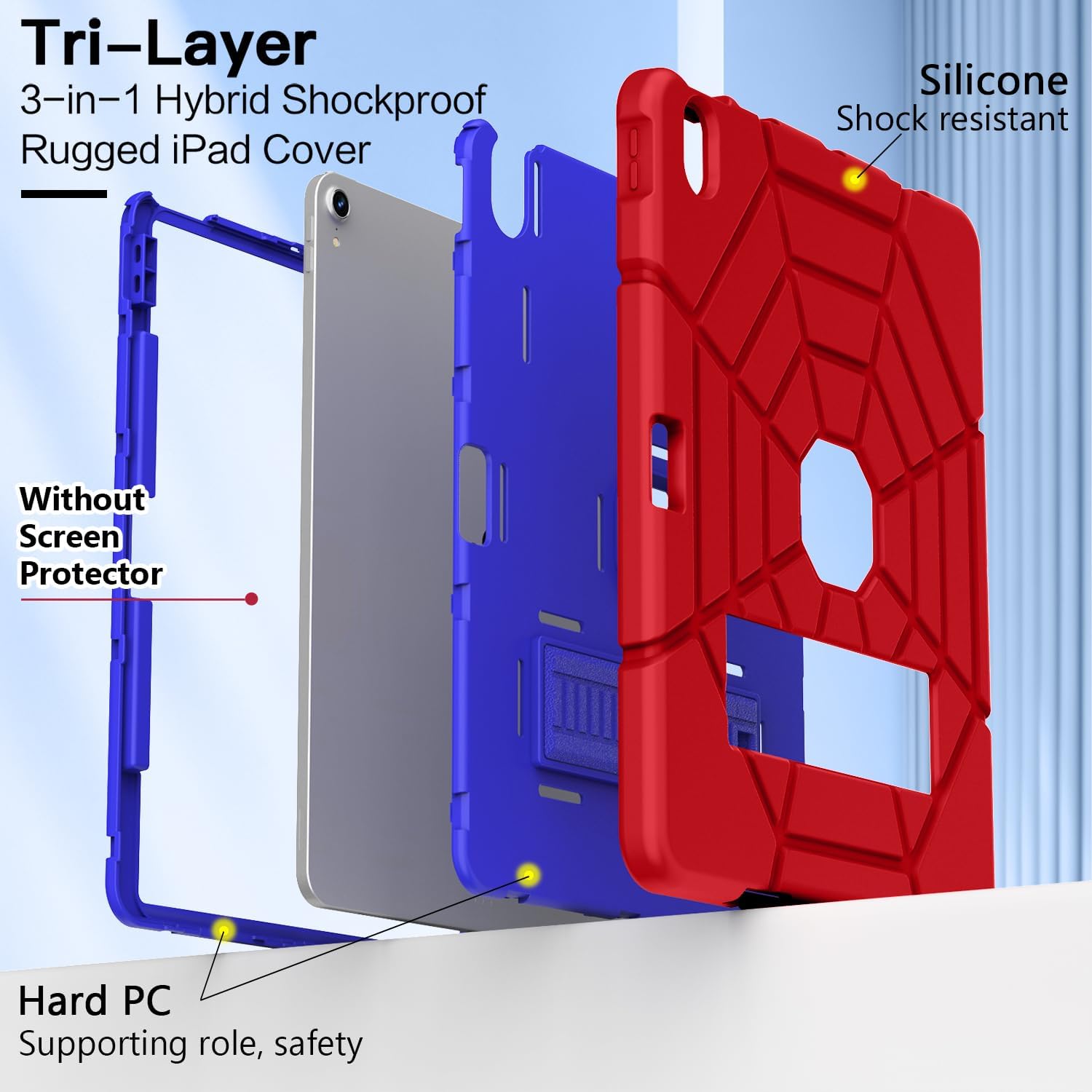 Grifobes for iPad Air 13 inch (M4/M3/M2) 2026/2025/2024, Heavy Duty Shockproof Rugged Protective Cover with Pencil Holder Built-in Stand for i Pad Air 6th Gen 13" (Red+Blue)