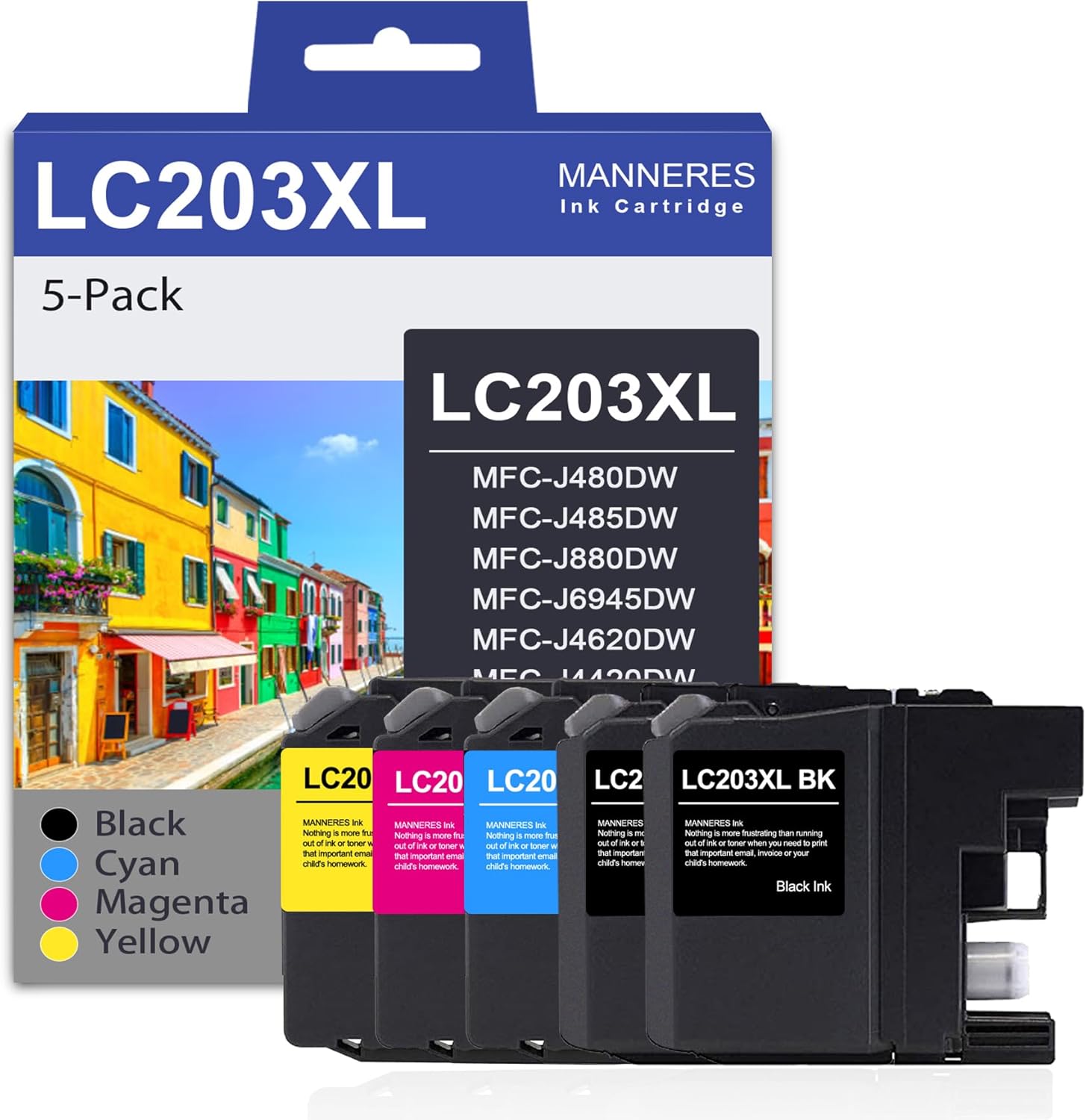LC203 XL High Yield Ink Cartridge (5-Pack, 2Black, Cyan, Magenta, Yellow) Replacement for Brother LC203XL LC201 Ink Cartridge Work with MFC-J460DW MFC-J485DW MFC-J4620DW MFC-J885DW Printer