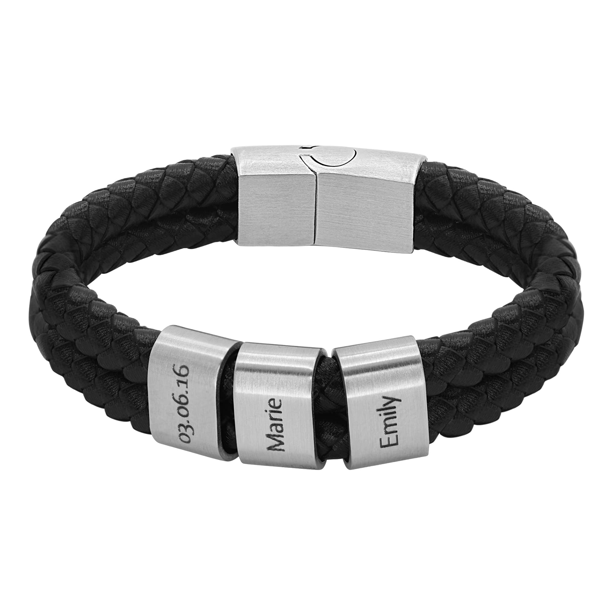 Heideman Herren Lederarmband Elian 2 Gravurplättchen silber | Elian Herren-Lederarmband, geflochtenes Leder, silberne Gravurplättchen, personalisierbar, Magnetverschluss, für Männer