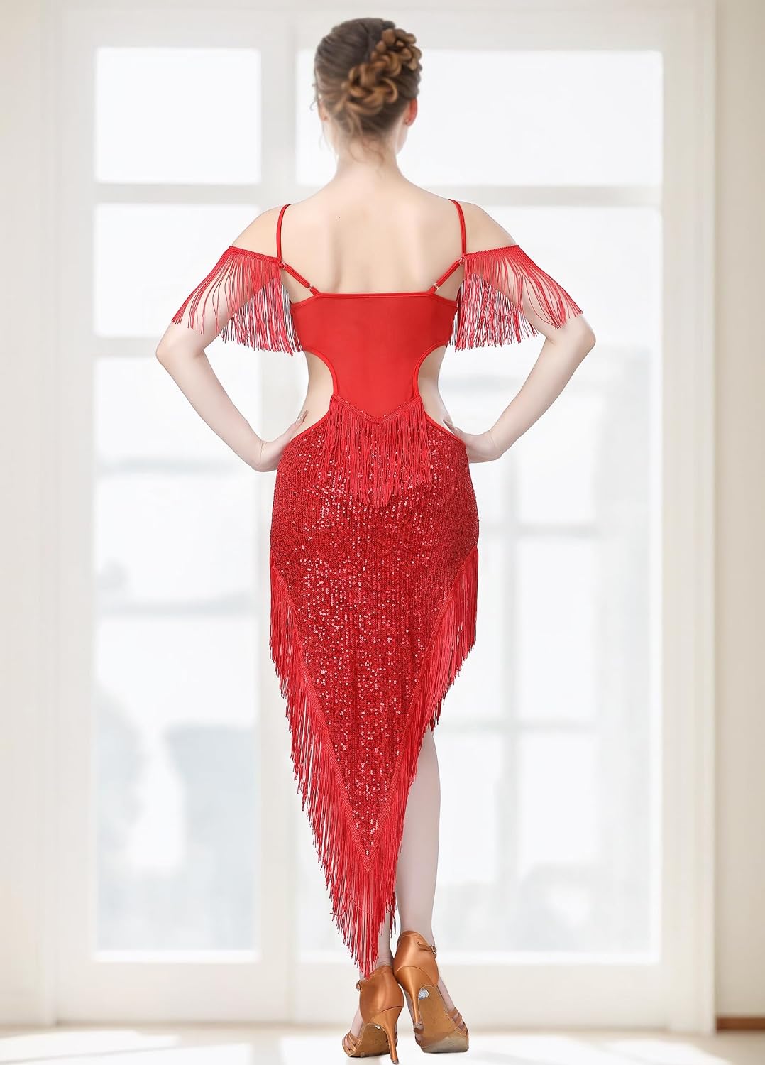 Sequin Fringe Latin Dance Dress, Mesh & Glitter Salsa Dresses for Women, Shimmery Party Skirts
