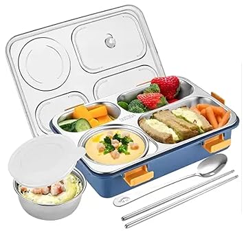 Adichai Tokyo Buffet 4 Compartment Stainless Steel with Spoon, Fork, Chopsticks 1 Lunch Box for Adult Kids (1000 ML, Thermoware)