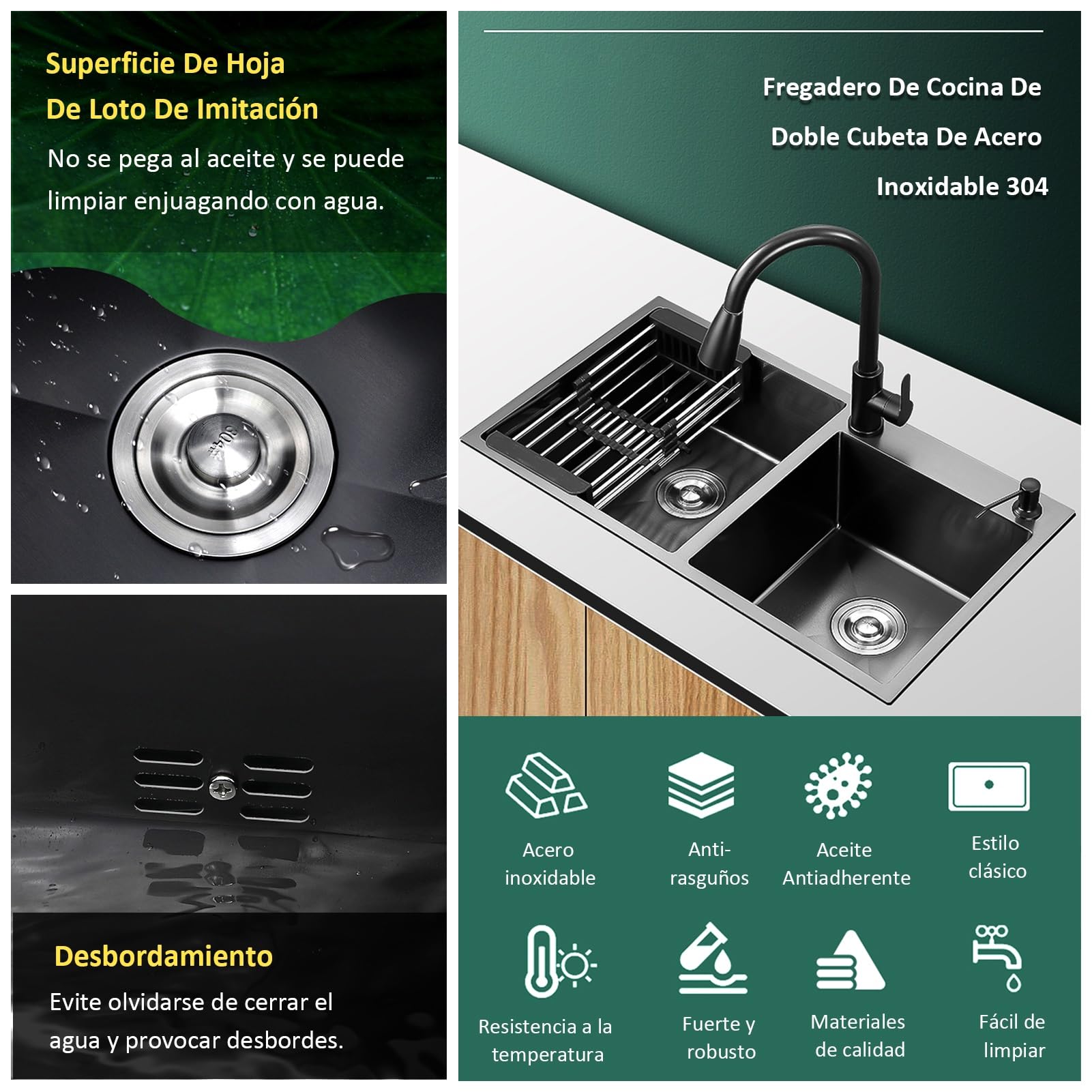 Fregadero de Cocina Negro de Acero Inoxidable 304 con Grifo extraíble, Cesta de desagüe Extensible, dispensador de jabón y Accesorios, Fregadero Doble Grande para Barra, estación d
