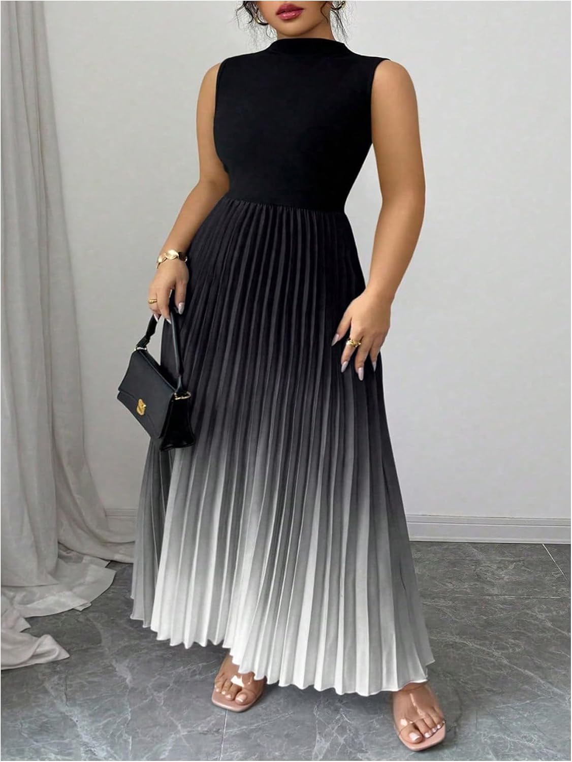 SOLY HUX Women's Plus Size Maxi Dress Ombre Sleeveless Pleated A Line Flowy Long Formal Cocktail Dresses
