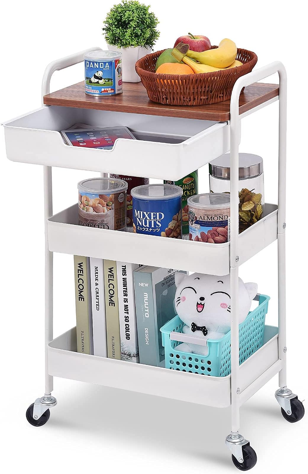 SAKA Chariot de rangement fin à 3 niveaux pour salle de bain – Chariot de rangement coulissant – Étagère mobile pour bureau, salle de bain, cuisine, buanderie – Endroits étroits – Blanc