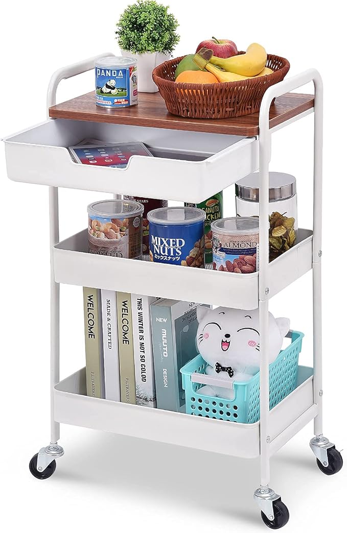 TOOLF 3Tier Utility Rolling Cart with Wooden Board & Drawer, Metal Storage Cart with Handle