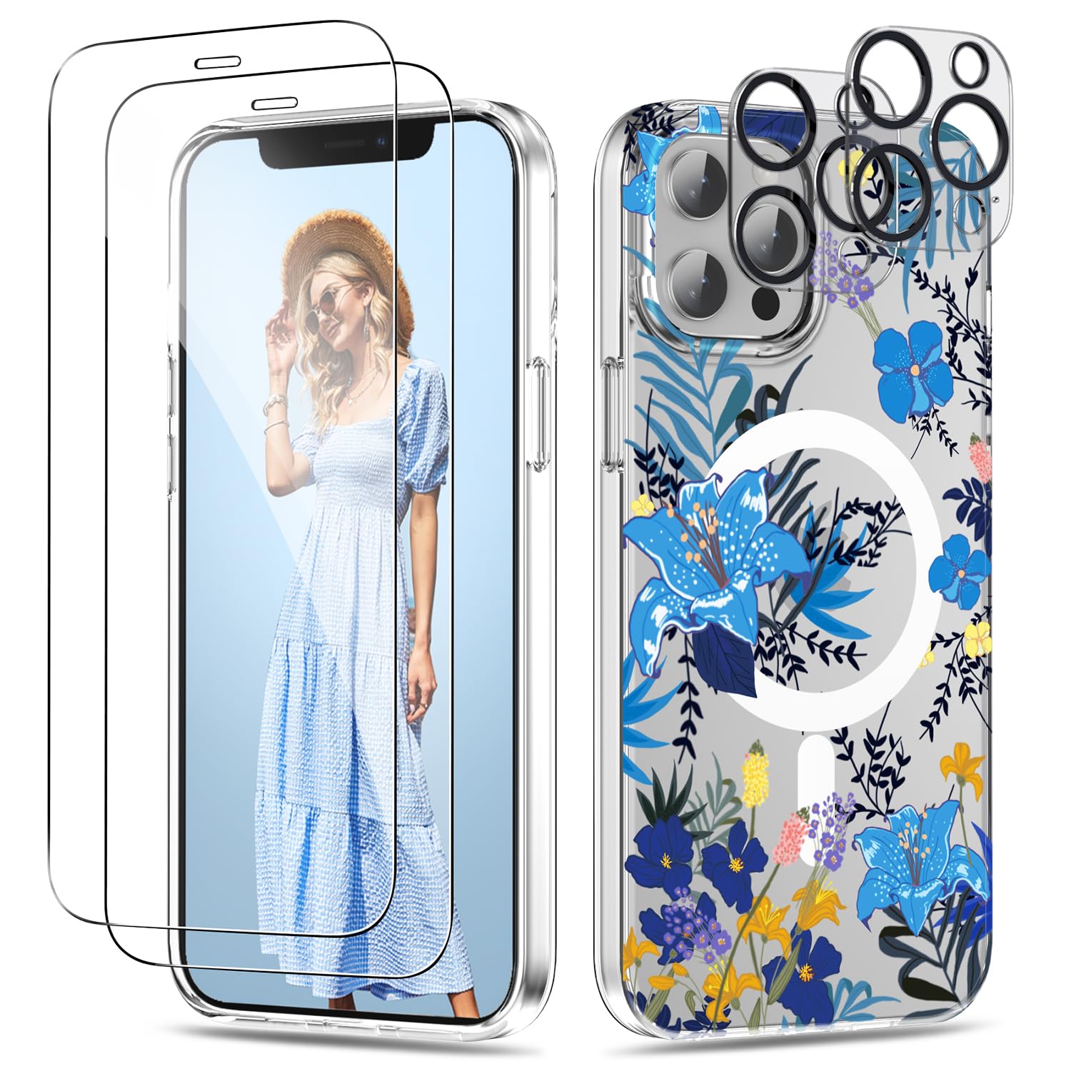 R-fun for iPhone 15 Pro Max case, Compatible with MagSafe, with 2x Screen Protector + 2x Camera Lens Protector，[Anti-Yellowing] Clear Floral Slim Protective Case for 15 Pro Max 6.7 inch -Morning glory